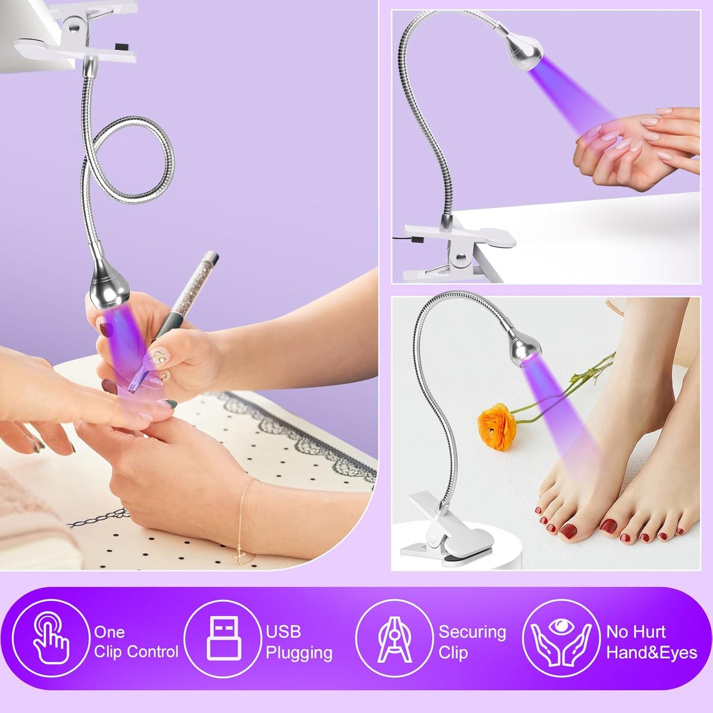 UV Nail Lamp - UV Light for Gel Nails, LED Gooseneck Flash Cure Lamp for Nails, Manicure Dryer Black Light with Clamp, 365+395nm Wavelength 5V 3W 4 Levels Dimming