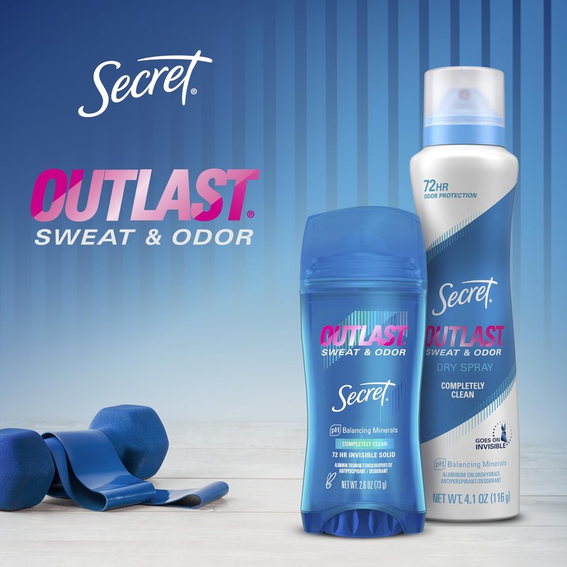 Secret Outlast Antiperspirant Deodorant for Women, 72hr Sweat & Odor Protection, PH Balancing Minerals, Invisible Solid, Completely Clean Scent, 2.6 oz