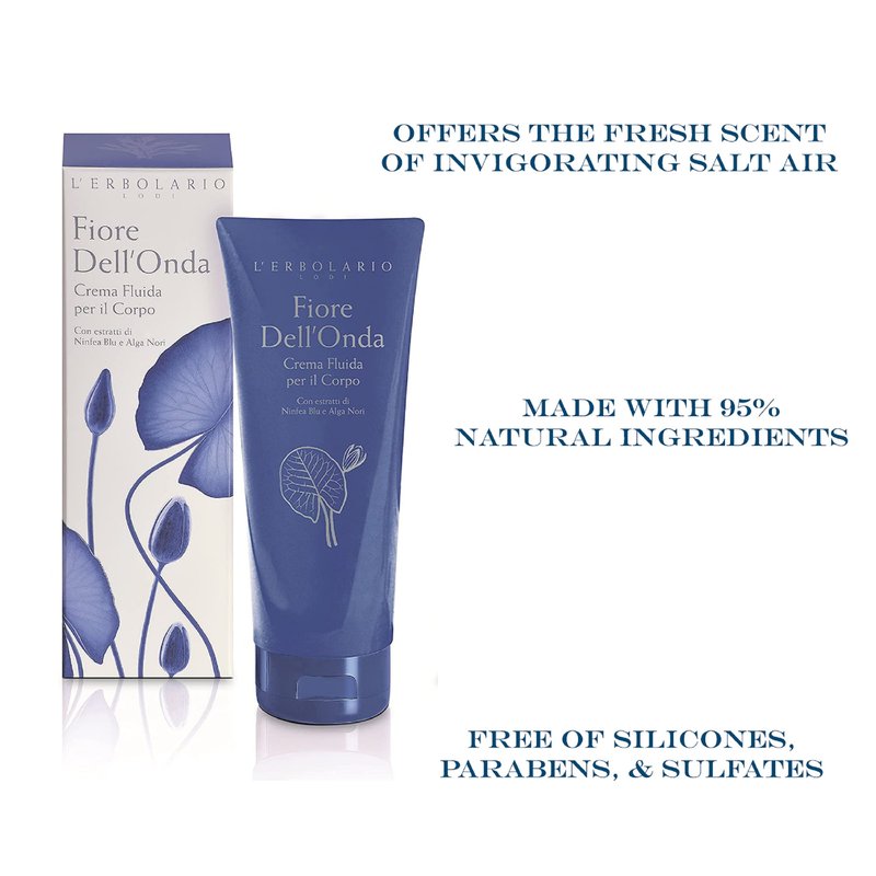 L’Erbolario Fiore Dell’Onda Fluid Body Cream - Dry Skin Moisturizing Cream with Vitamin E - Seaweed and Water Lily - Fresh, Marine Fragrance - 6.7 oz