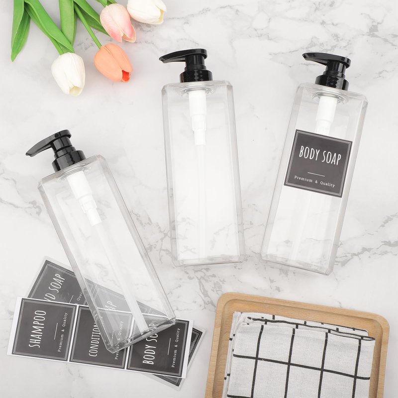 Segbeauty 33.8oz Shampoo and Conditioner Dispenser, 3pcs Square Empty Plastic Bottles with Labels, 1000ml Large Square Hand Soap Dispenser for Bathroom, Body Wash Container Pump Bottle Refillable