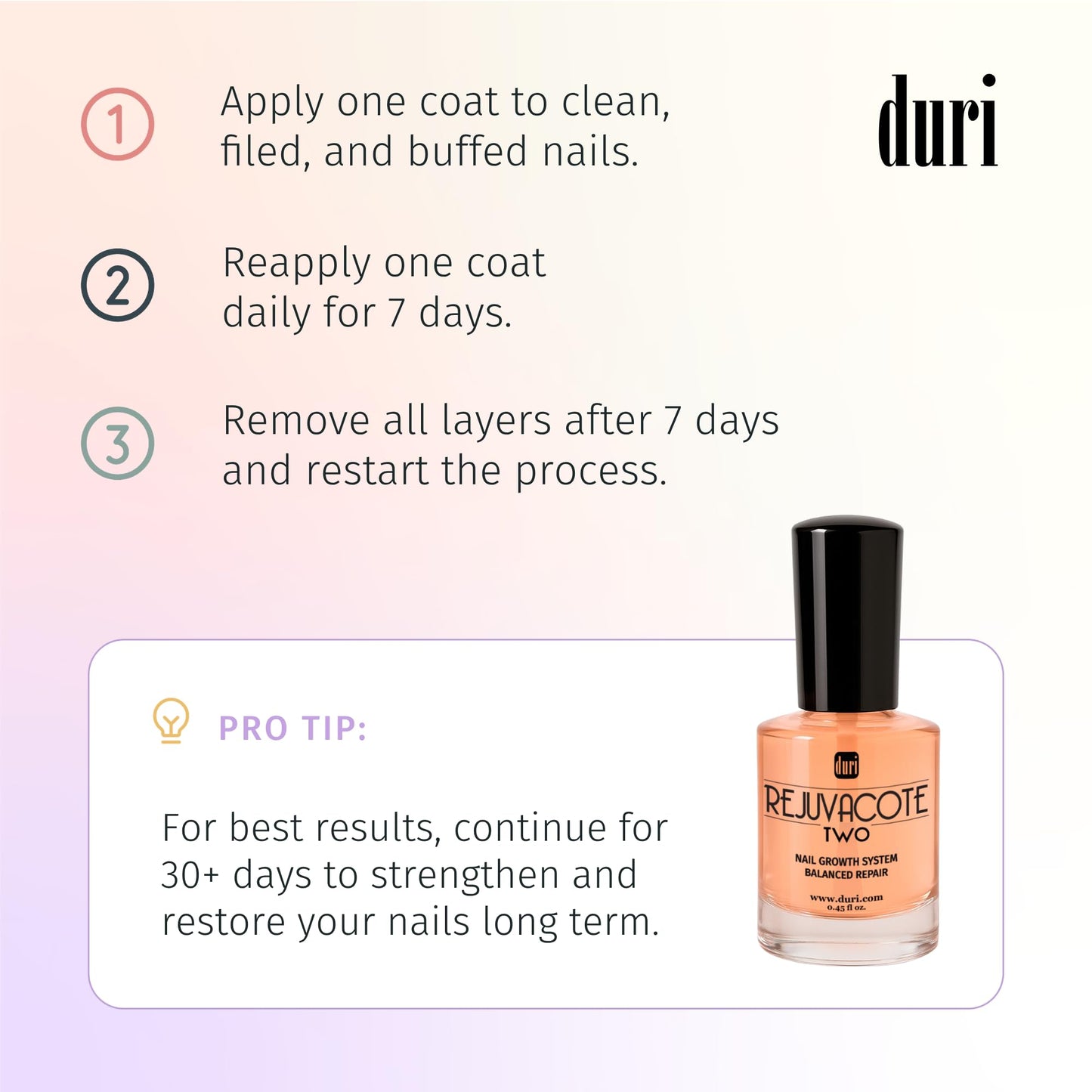 Duri Rejuvacote 2 Nail Growth Base and Top Coat, Balanced Repair - Nail Hardener for peeling, thin, or fragile nails (Pack of 2)