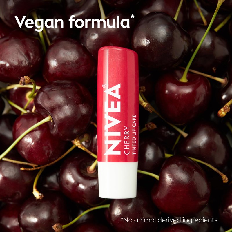 NIVEA Cherry Lip Care, Ruby Tinted Lip Balm Pack with Shea Butter, Nourishing Oils and Vitamin C & E, 3-in-1 Moisture, Repair and Color, 0.17 Oz Stick, Pack of 4