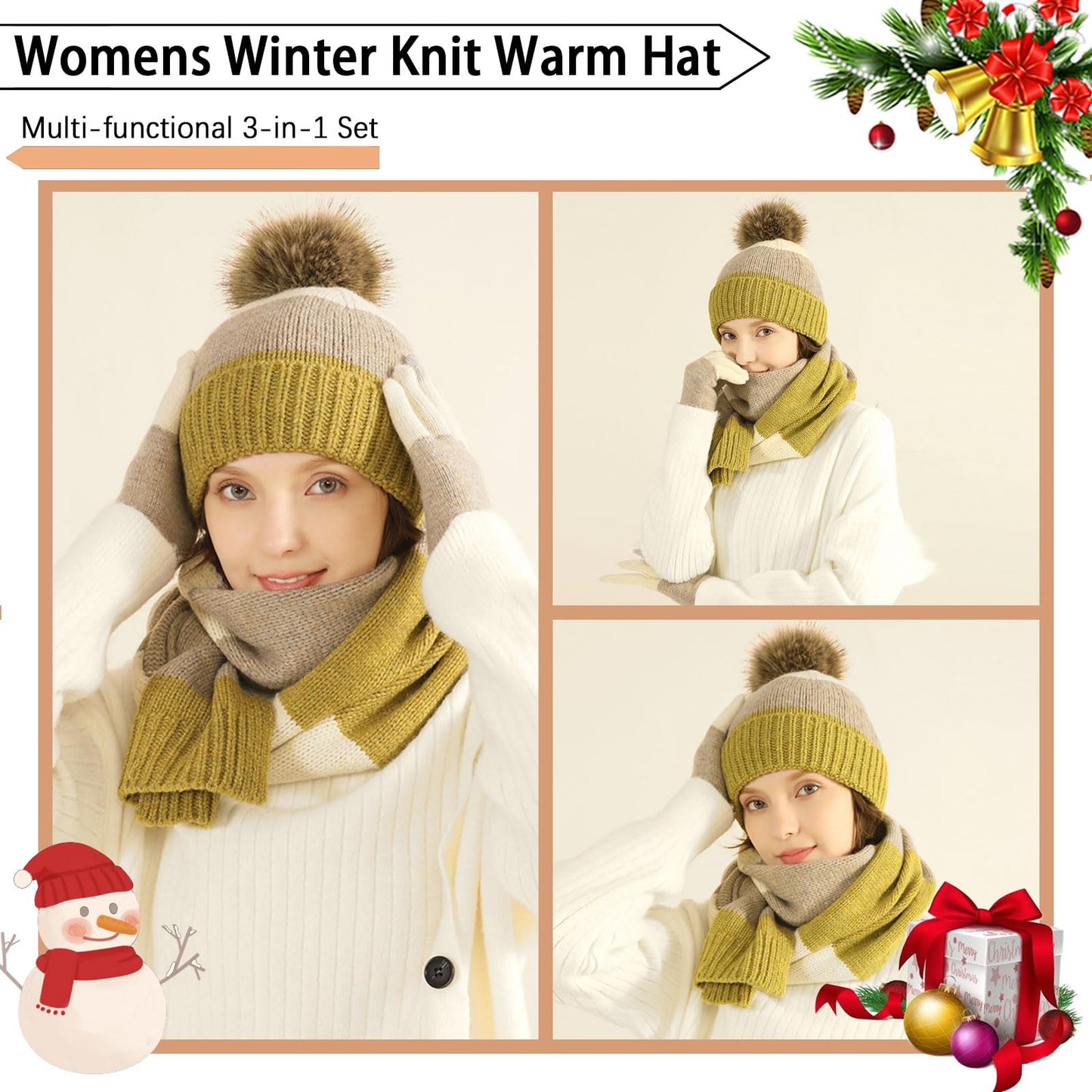 HH HOFNEN Winter Beanie Hat Scarf Touchscreen Gloves Set Warm Knitted Hat Scarves 3 Pcs Fleece Lined Skull Cap for Women