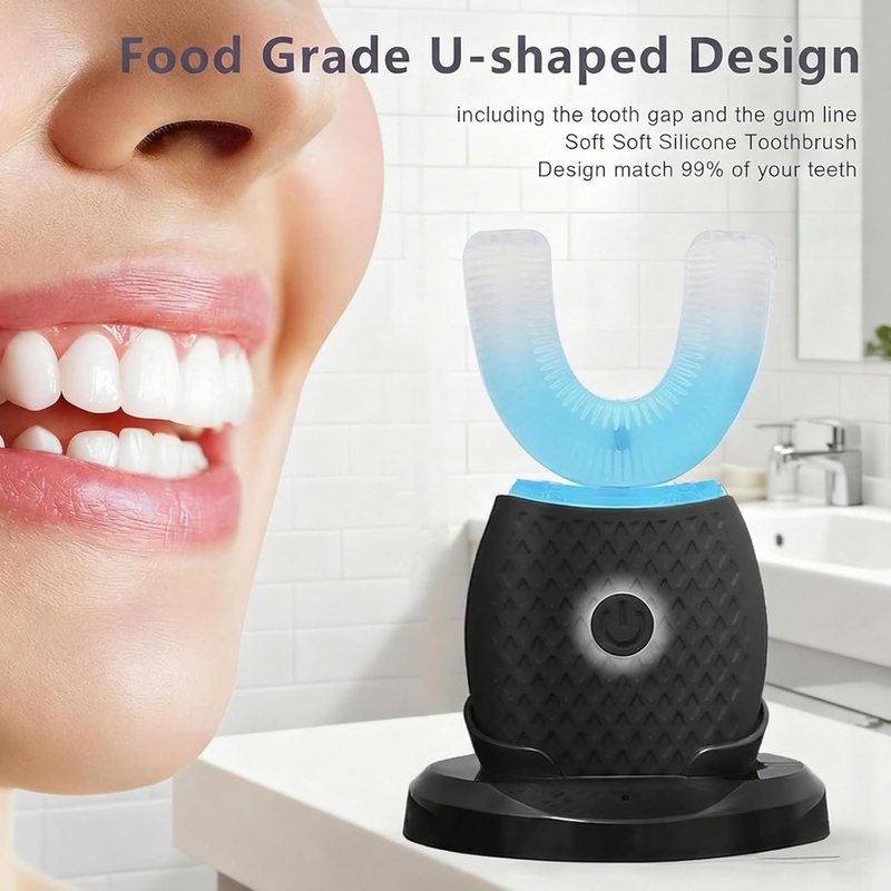 U-Shaped Toothbrush for Adults - Ultrasonic Foam Cleaning, Hands-Free Design, 4 Brush Heads | Black with Blue LED Light