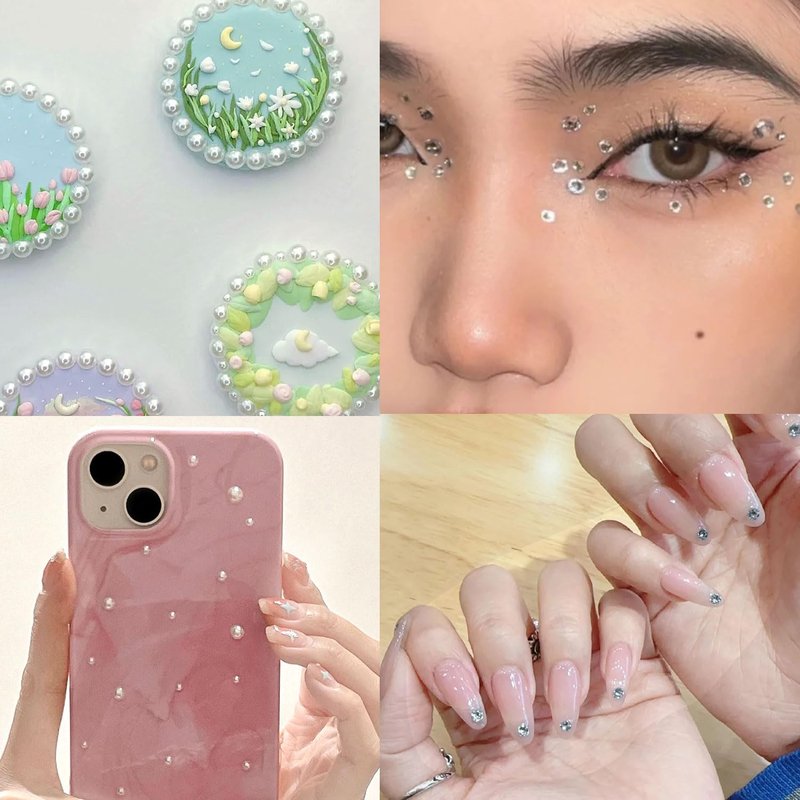 Unixing 3000Pcs Self Adhesive Pearls and Rhinestones Stickers, Stick on Rhinestone Hair Pearl Diamond Stickers Self Adhesive Face Gems Hair Gems for Face Makeup Nail Art Cell Phone DIY Crafts