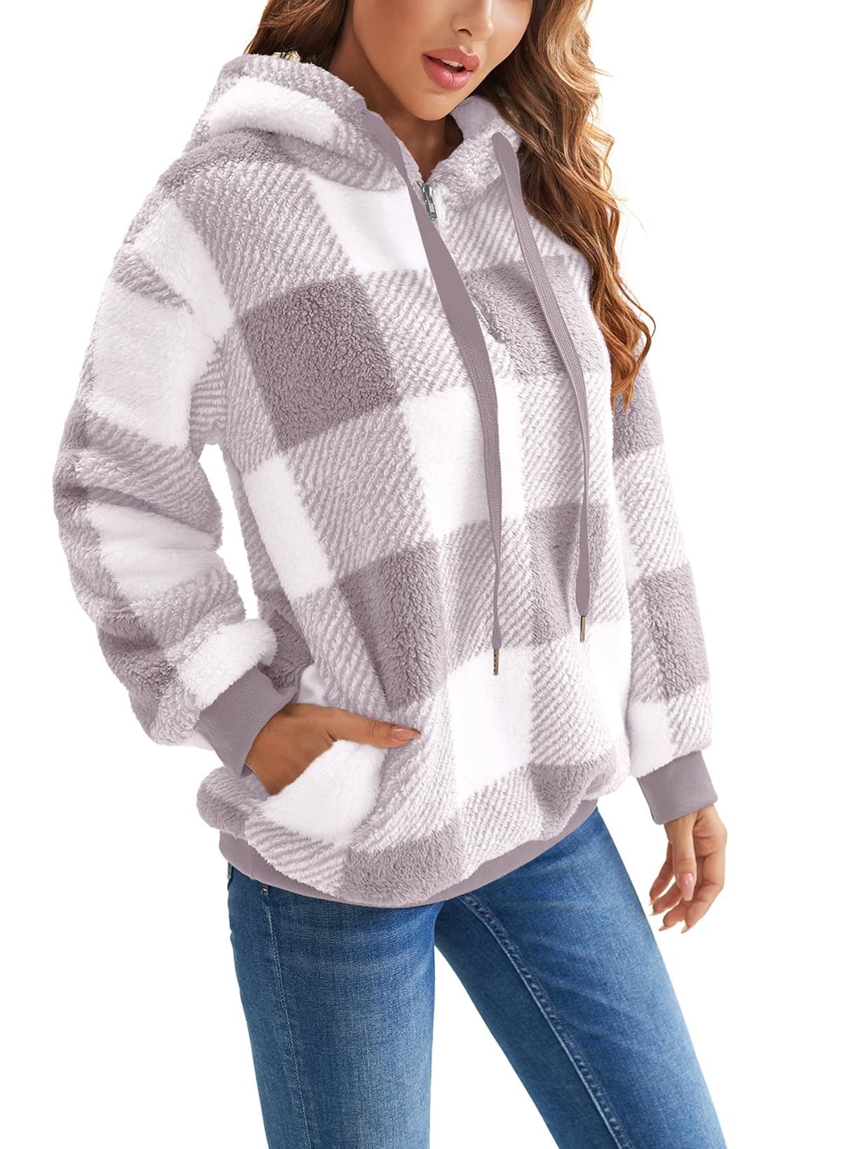 Nirovien Womens Oversized Sherpa Pullover Fleece Hoodies Women Gifts for Christmas Fuzzy Sweatshirt Fluffy Coat(Light Grey Plaid,2XL)