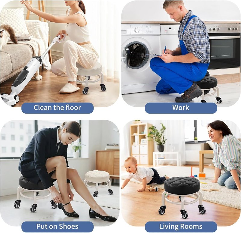 Round Rolling Low Stool - Comfortable PU Leather Swivel Stool with Thick Sponge Cushion | Black Upgrade Edition