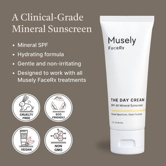 Musely Day Cream Mineral SPF 40, Clinical Grade Sunscreen, Broad-Spectrum, Water Resistant, 2 Fl Oz, Clear Color, 2x Bundle