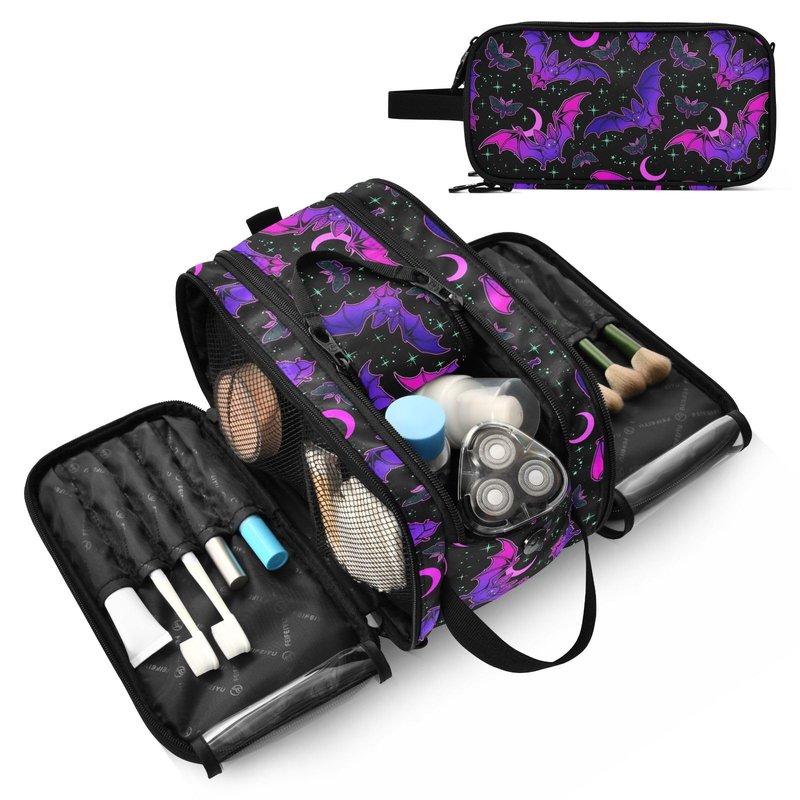 MNSRUU Travel Makeup Bag, Purple Bat Gothic Makeup Bag Large Capacity Cosmetic Bag Organizer, Portable Toiletry Bag for Travel Size