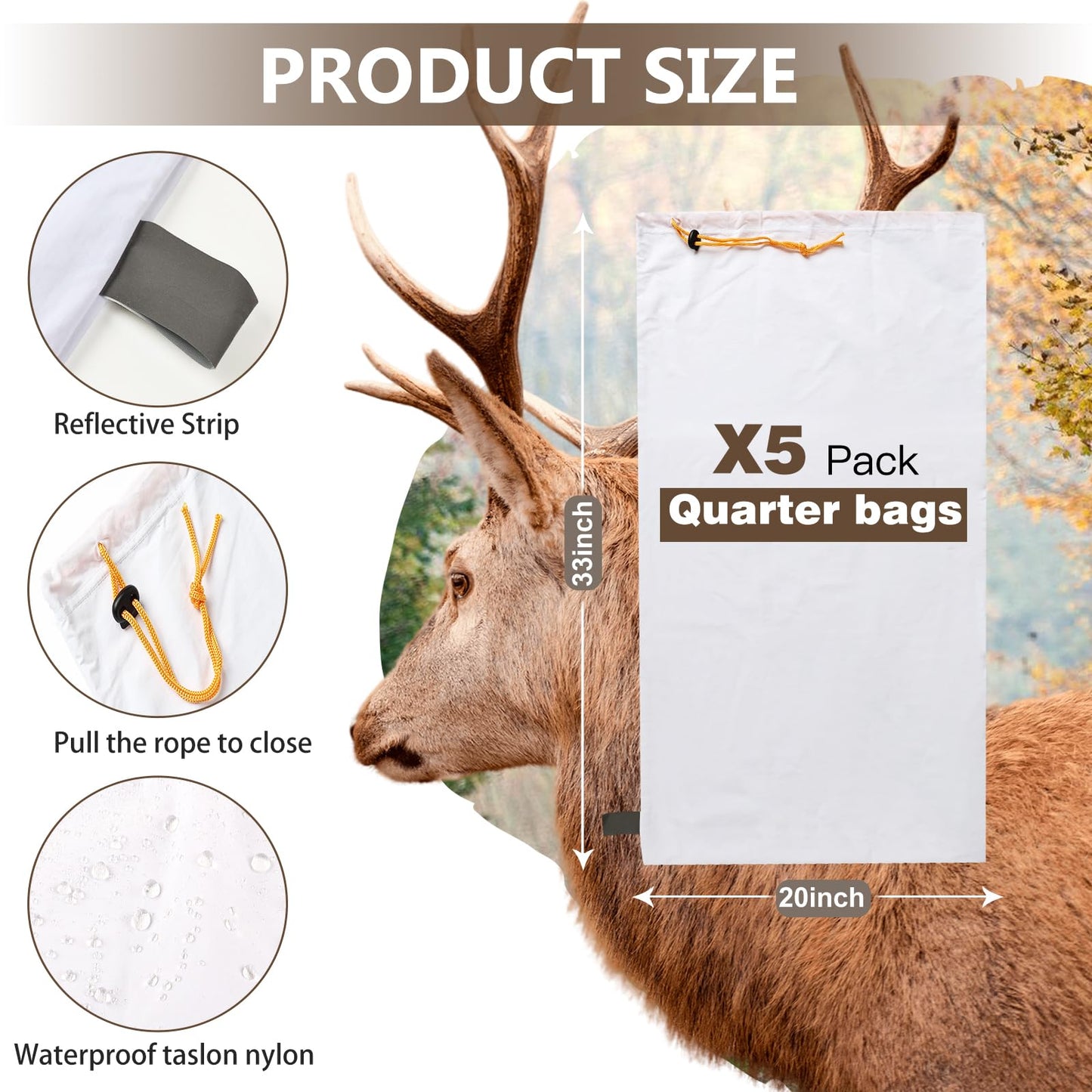 Deer Game Bags Elk Hunting Bags Taslon Meat Bag Reusable 33-Inch Heavy Duty Drawstring Hunting Meat Bags Game Quarter Bag with Reflective Strip, 5 Pack