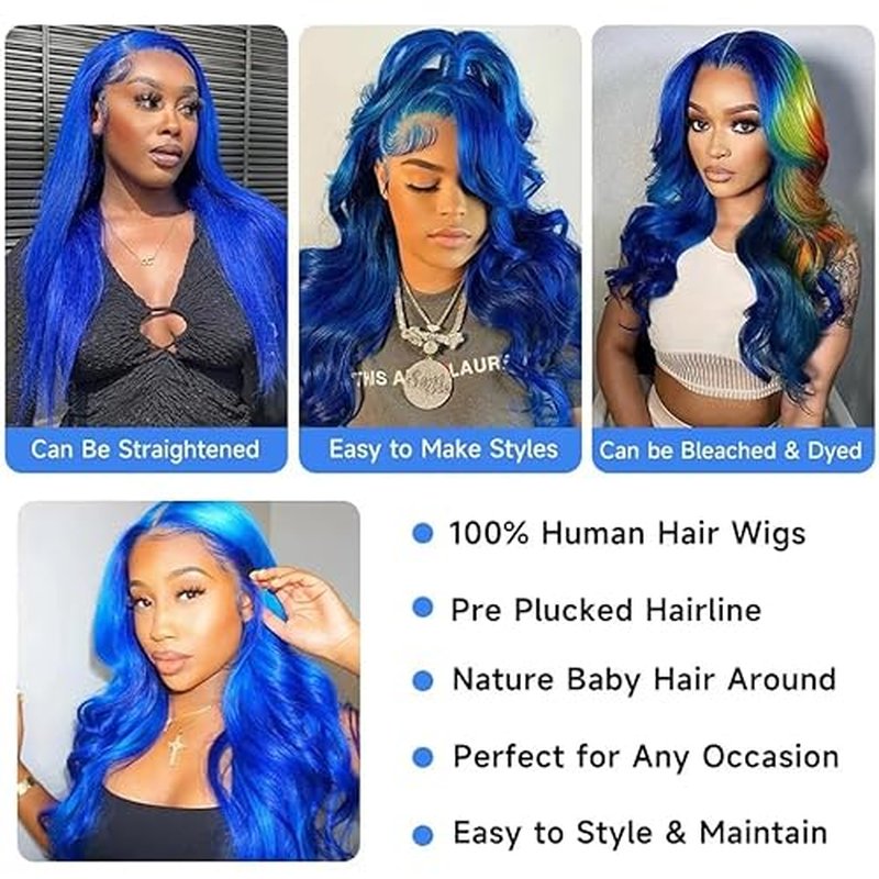 Blue Lace Front Wig - Human Hair, Body Wave, 13x4, 180% Density, Glueless Frontal Wig (26inch)