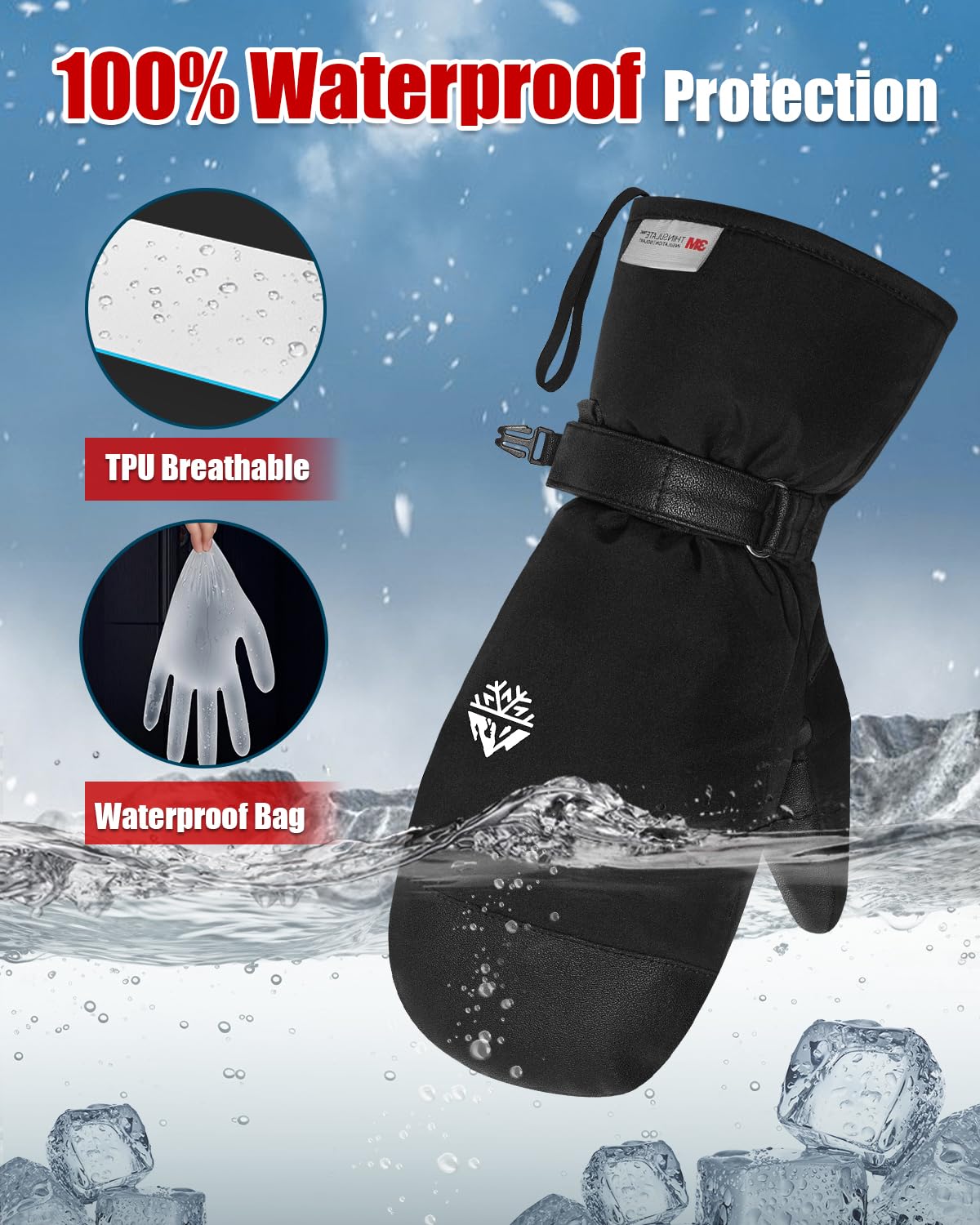 2 in 1 Waterproof Ski Mittens with Glove Liners, Winter Snow Gloves 3M Thinsulate Anti-Slip PU Palm Ski Gloves, Windproof Snowboard Mittens with Touchscreen Inner Gloves for All Snowsports, Small