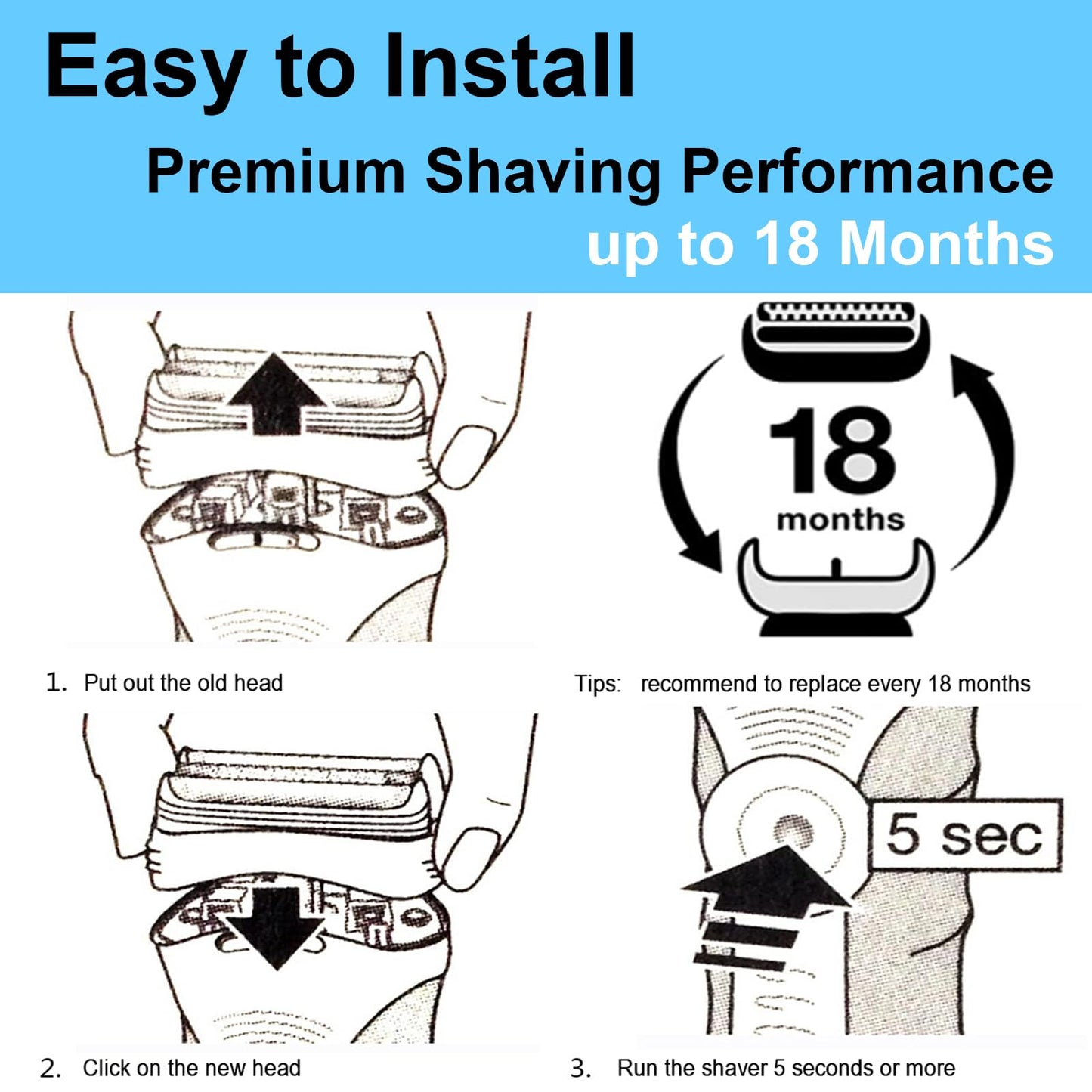Series 5/6 53B Replacement Head for Braun Electric Foil Shaver, Compatible with New Generation Braun Razors 5020cs 5018s 5035s 5049cs 5050cs 6020s 6040cs 6075cc 6072cc 6090cc (1 Count)
