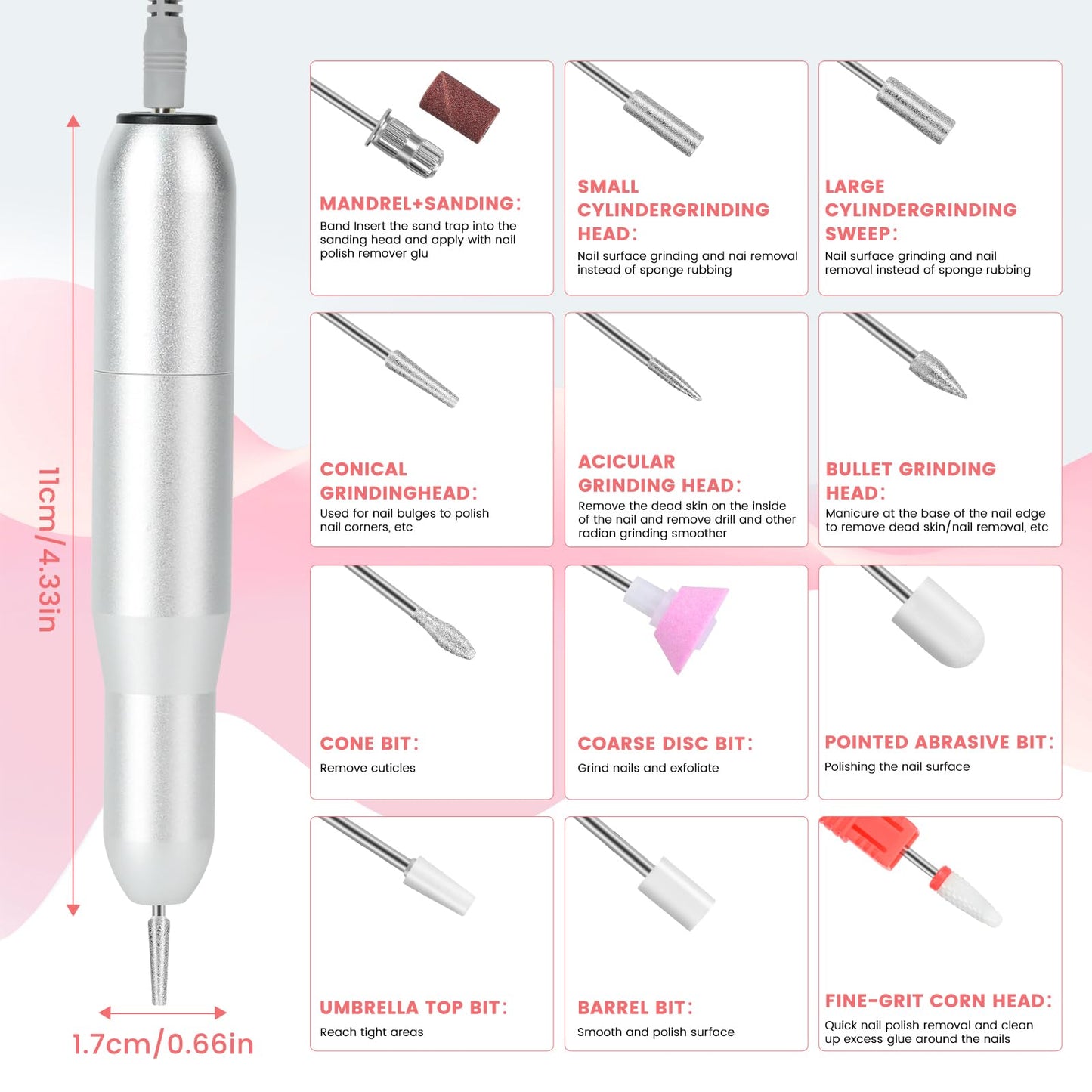 Electric Nail Drill Professional, 45,000RPM Electric Nail File with 12 Drill Bits & 50 Sanding Bands,Rechargeable Long Battery Life, Low Noise Cordless Nail Drills Machine,Efile Nail Drill Kit