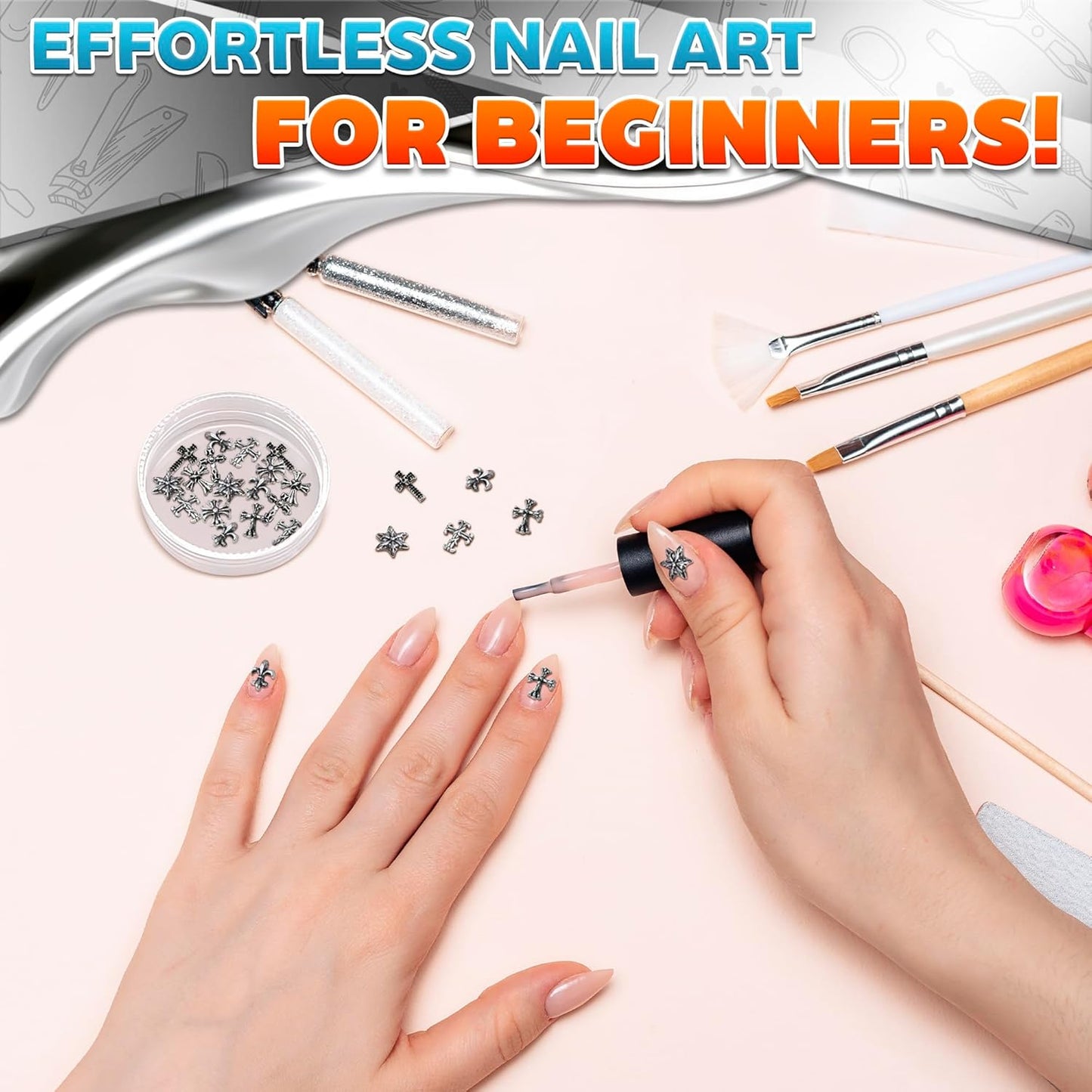 100 Pcs Silver Cross Nail Charms and Gems – 3D Acrylic Cross Charms for Nails for DIY & Professional Manicure – Easy-to-Apply & Durable Nail Decorations, Versatile for Y2K & Nail Studs