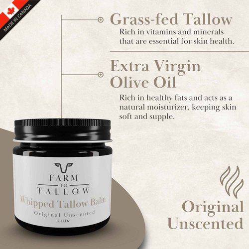 FARM TO TALLOW Grass-Fed Beef Tallow for Skin, Face & Body - Unscented Moisturizer with Olive Oil - Gentle, Hydrating Natural Skincare Cream for Dry or Sensitive Skin - 2 Oz