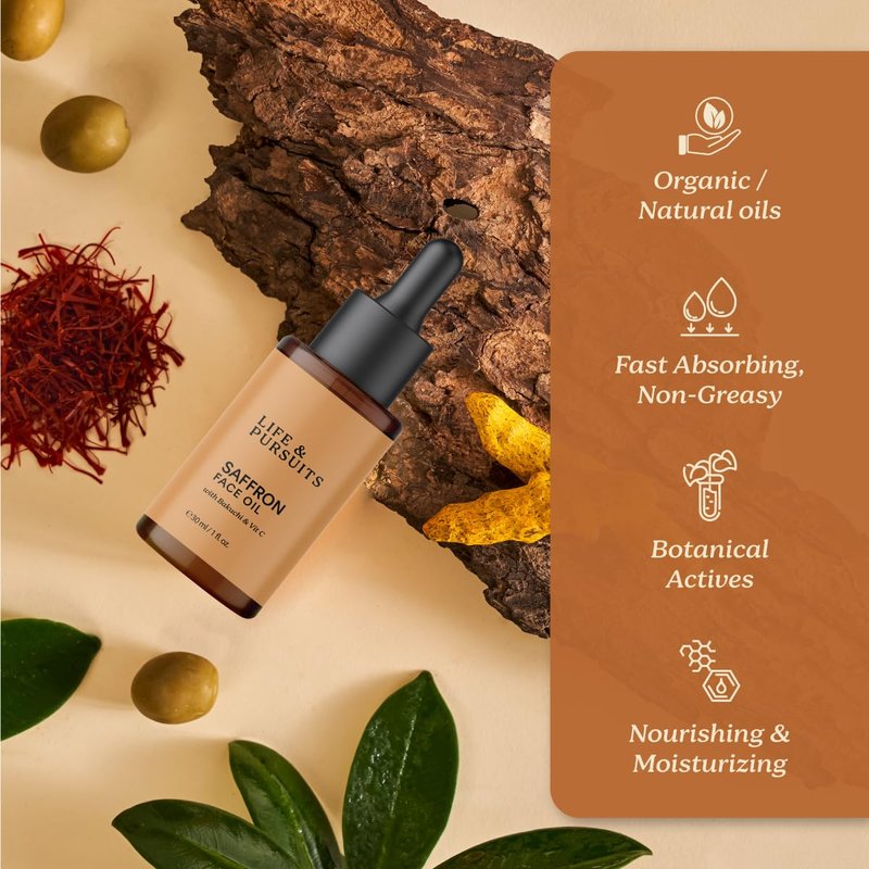 Life & Pursuits Saffron Face Oil 1 Fl Oz with Kashmir Saffron, Bakuchi, Vitamin C for Face Brightening, Moisturizing, Dark Spots, Fine Lines, Wrinkles. Lightweight Daily Face Massage oil | Anti-Aging