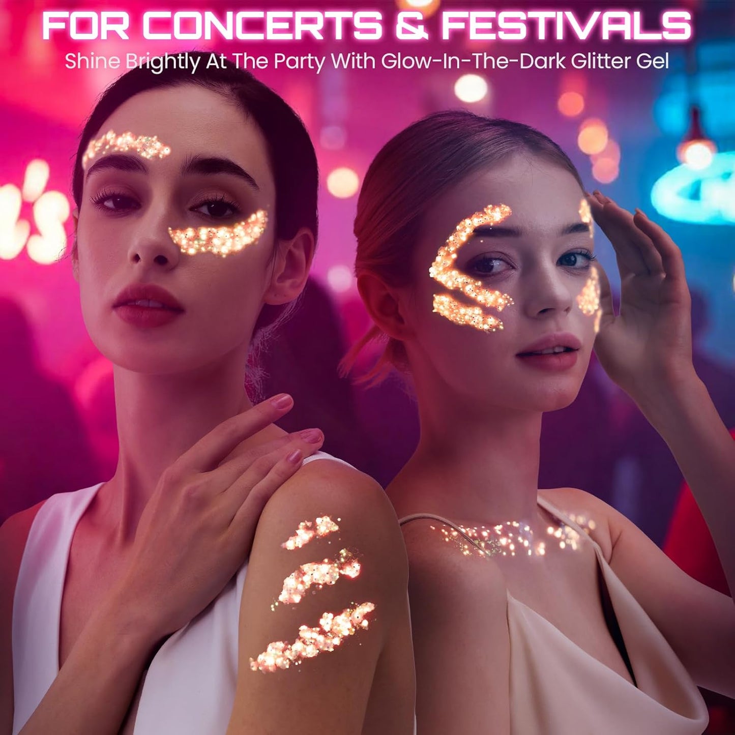 Teenitor 6 Colors Glow in The Dark Glitter Gel, Face Glitter Gel, Body Glitter Hair Glitter for Halloween Makeup UV Black Light Party Cheer Raves Festivals