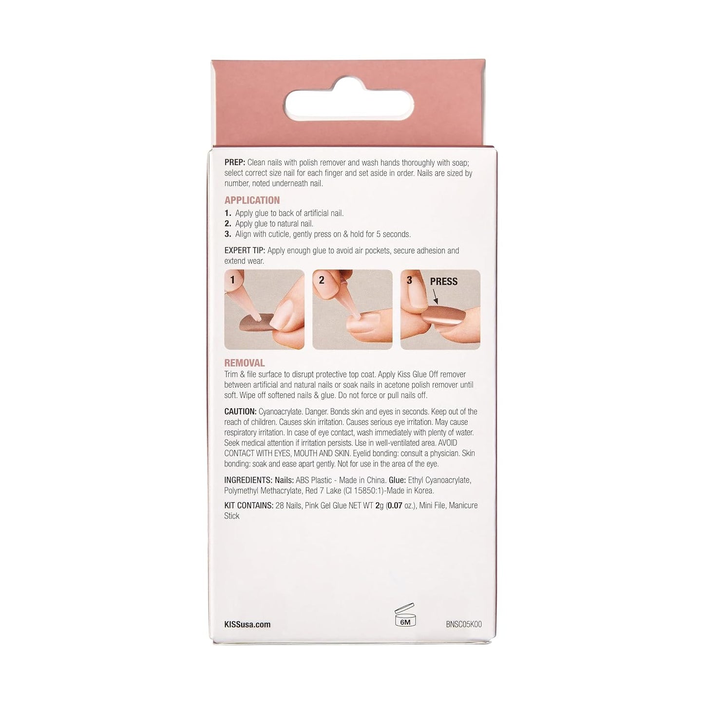 KISS Bare but Better Press On Nails, Glossy Pink, Short Length, Square Shape, 28 Fake Nails, Pink Gel Nail Glue Net Wt. 2g (0.07 Oz.), Mini Nail File, & Manicure Stick