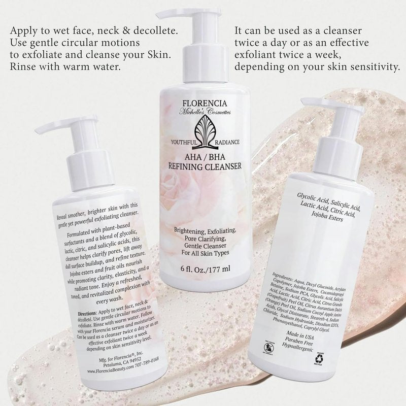 Florencia AHA BHA Refining Cleanser – Gentle Exfoliating Face Wash with Glycolic, Lactic & Salicylic Acid, Jojoba Beads, Foaming Cleanser for Pore Clarifying & Brightening Skin, 6 Fl Oz