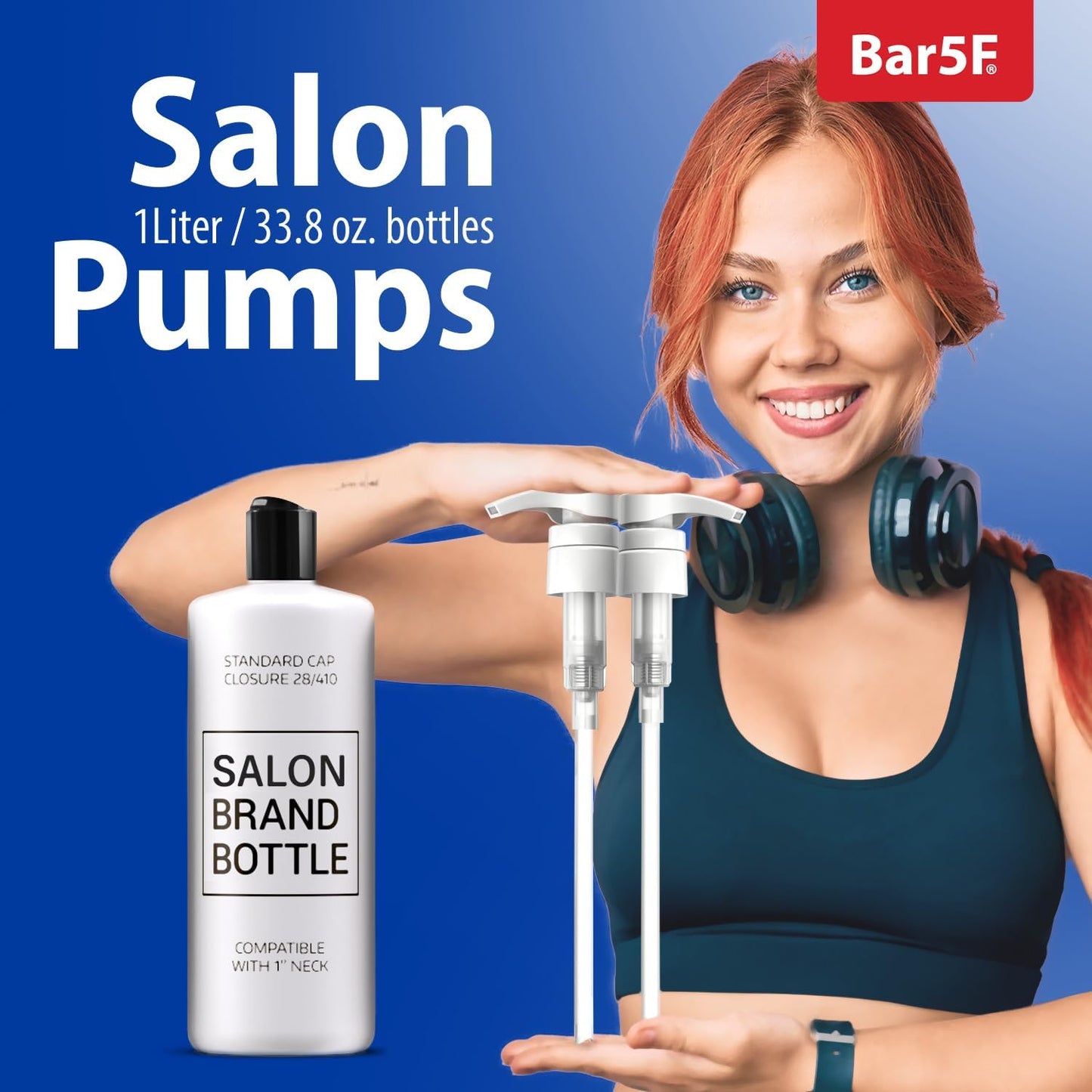 Bar5F 1-Liter Pumps for Shampoo and Conditioner Bottles for 33.8-Ounce Professional Salon Brands (White & Black)
