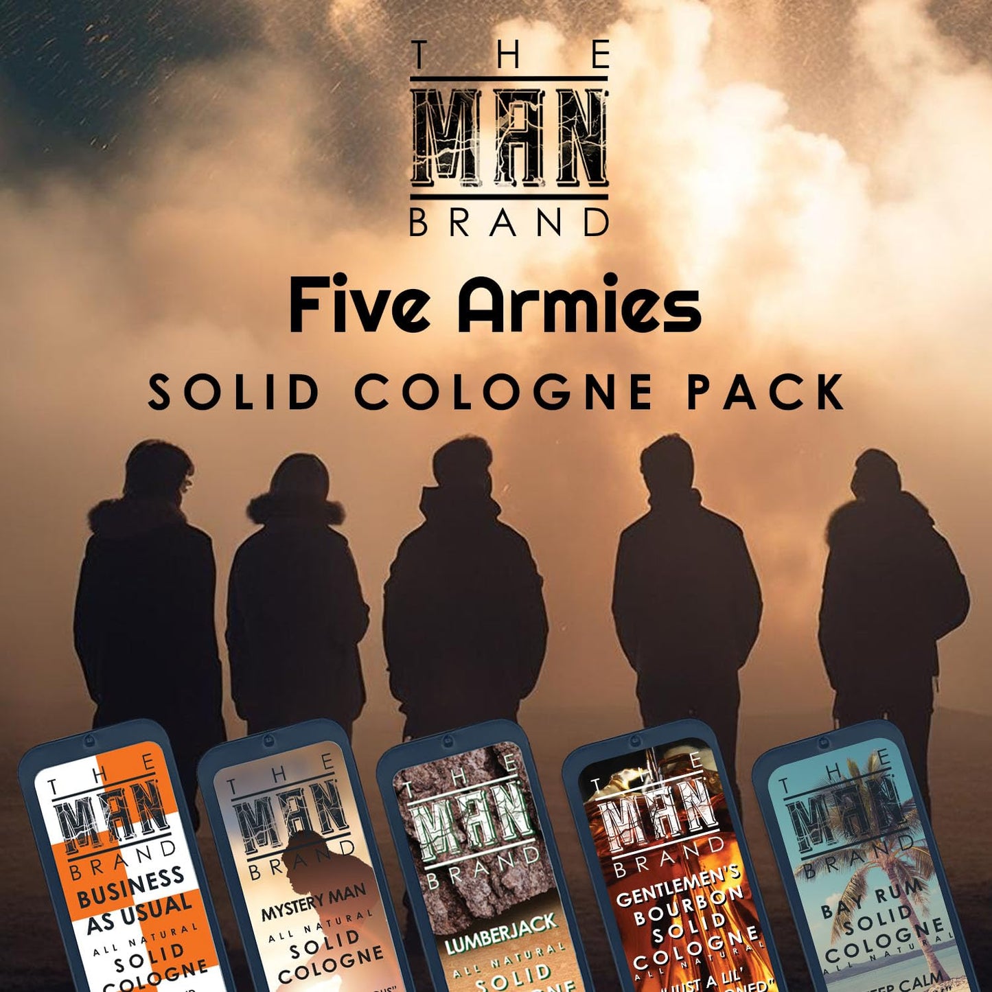 Solid Cologne Set of 5 with Bay Rum Wax Fragrance, Bourbon Perfume Balm, Business As Usual, Lumberjack, and Mysetry Man - Wax Perfume Sampler Set (Five Armies - 5 Pack - 0.75 oz each)