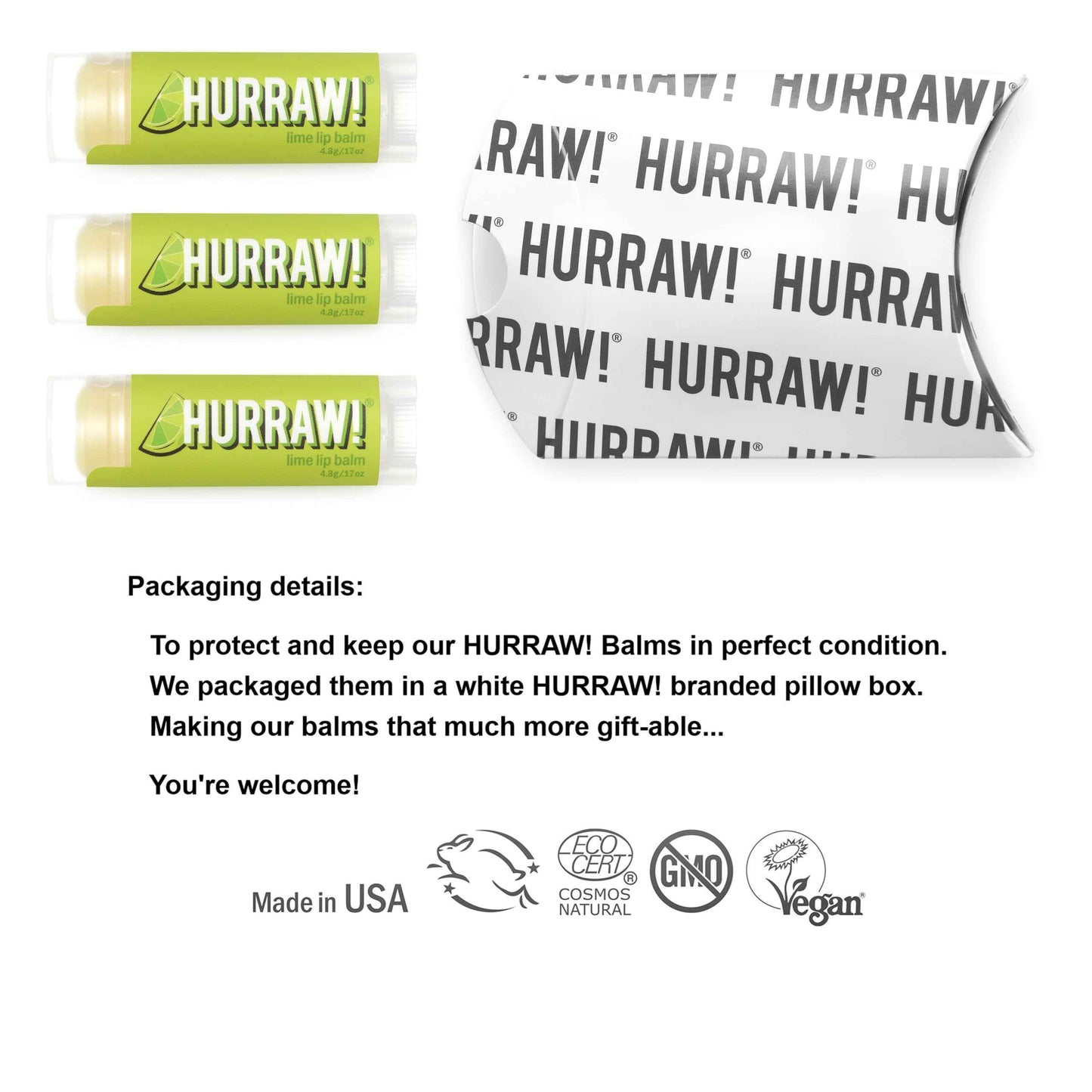 Hurraw! Lime Lip Balm, 3 Pack: Organic, Certified Vegan, Cruelty and Gluten Free. Non-GMO, 100% Natural Ingredients. Bee, Shea, Soy and Palm Free. Made in USA