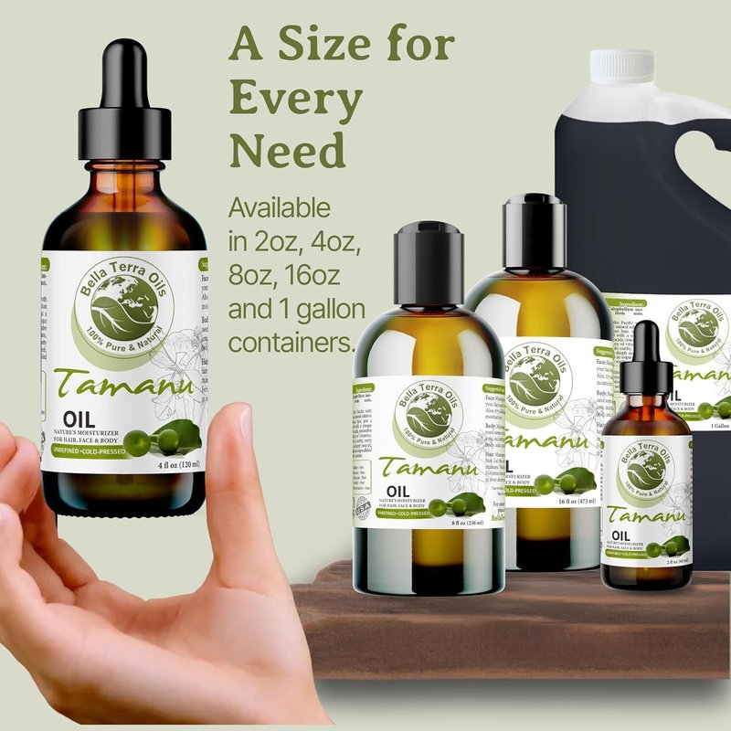 Bella Terra Oils - Natural Tamanu Oil 8 oz - Treasure Chest of Skin Nourishment, High in Vitamin E & Fatty Acids, Enhance Your Skin's Natural Glow