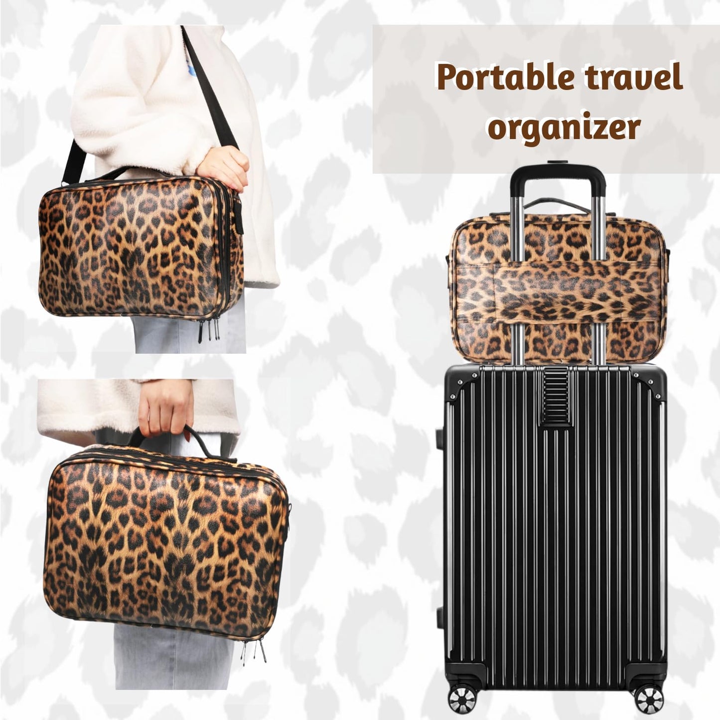 GERYUAEG Makeup Case Large Travel Makeup Bag 3 Layers Cosmetic Train Case Cosmetic Organizer Brush Holder Waterproof Makeup Storage Bag with Adjustable Dividers and Shoulder Strap (Leopard)
