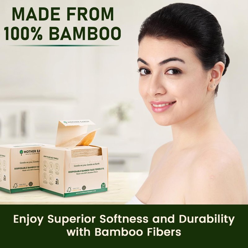 MOTHER EARTH Bamboo Face Towels XL - Hypoallergenic and Disposable Face Wipes | Dry Makeup Removers | Made from Bamboo Viscose | Extra Soft for Sensitive Skin | 200 Towels