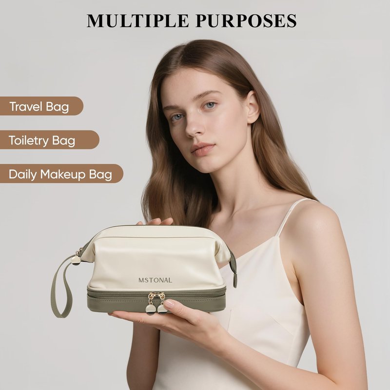 MSTONAL Travel Makeup Bag, Large Capacity Double Layer Cosmetic Bags for Women, Waterproof Portable Make Up Skincare Pouch with Makeup Brush Organizer, Toiletry Bag for Essentials, Beige & Olive Green