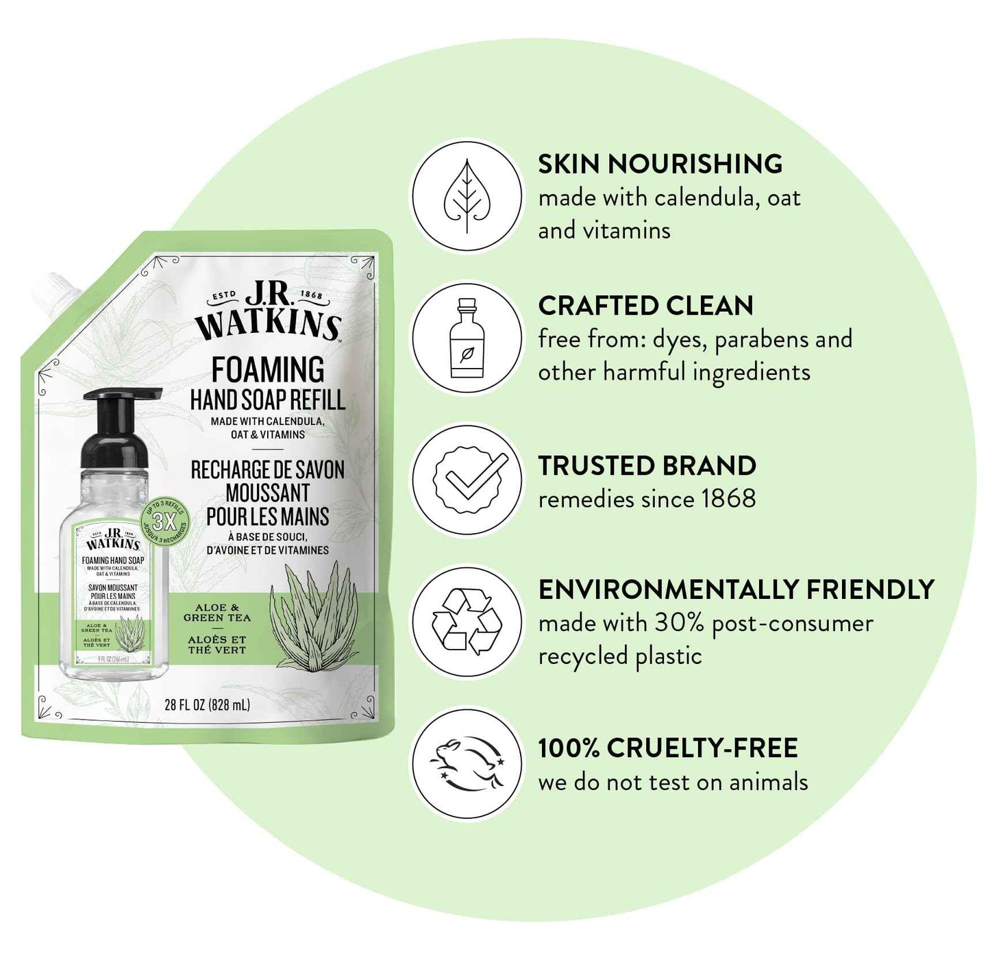 J.R. Watkins Foaming Hand Soap Refill, Moisturizing Foam Hand Wash, Formulated with Plant-Based Cleansers, Alcohol-Free, Cruelty-Free, Aloe & Green Tea, 28 fl oz, 2 Pack