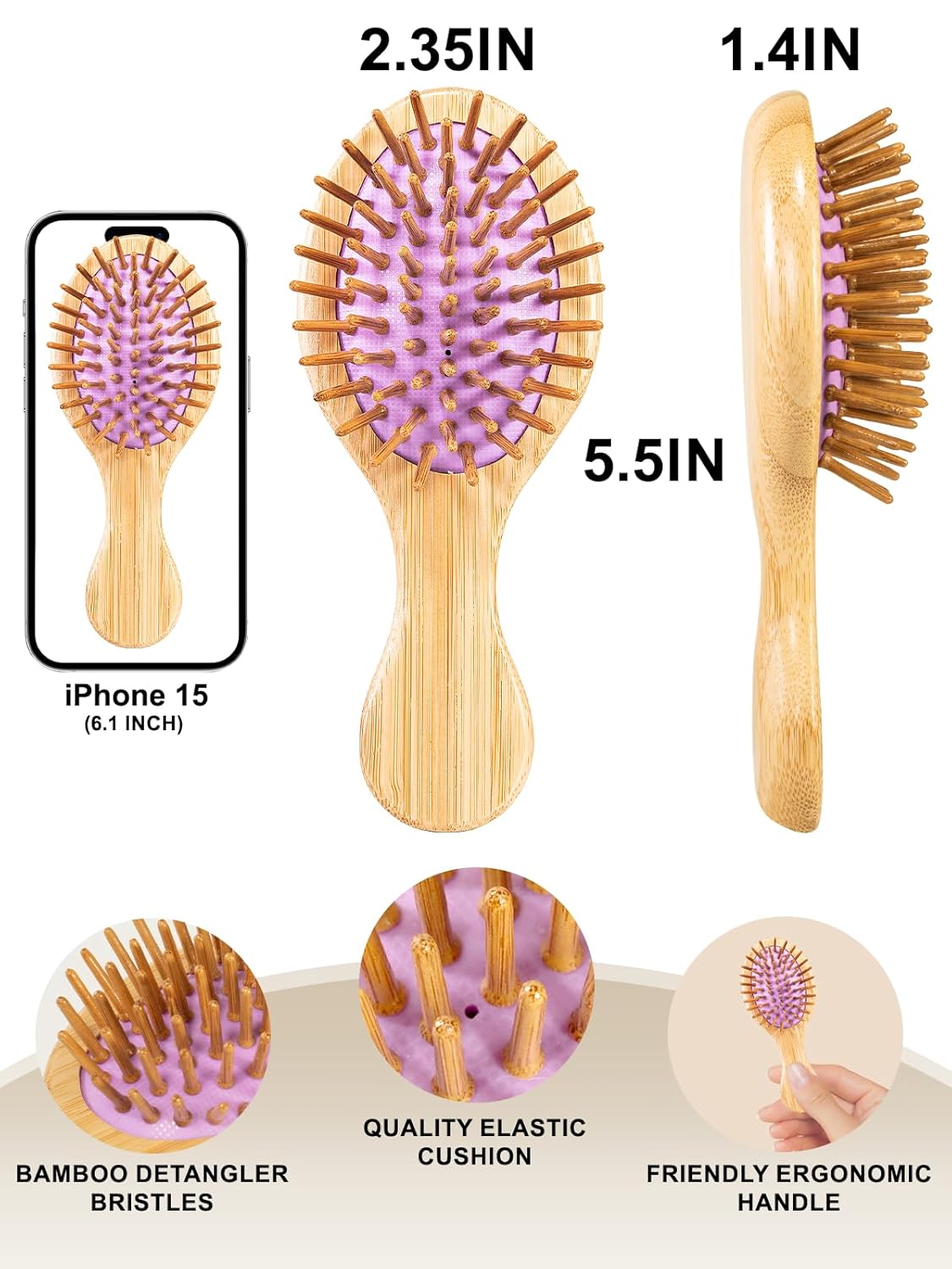 Sofmild Mini Travel Bamboo Hair Brush for Women/Men/Kids - Anti-Static Small Travel Size Detangler Brush for Purse, Pocket, backpack
