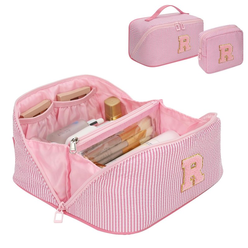 2026 Graduation Gifts - Travel Makeup Bag for Women, 2Pcs Portable Personalized Initial Makeup Organizer Bag, Open Flat Large Cosmetic Bag With Travel Essential Pouch (Pink Letter R)