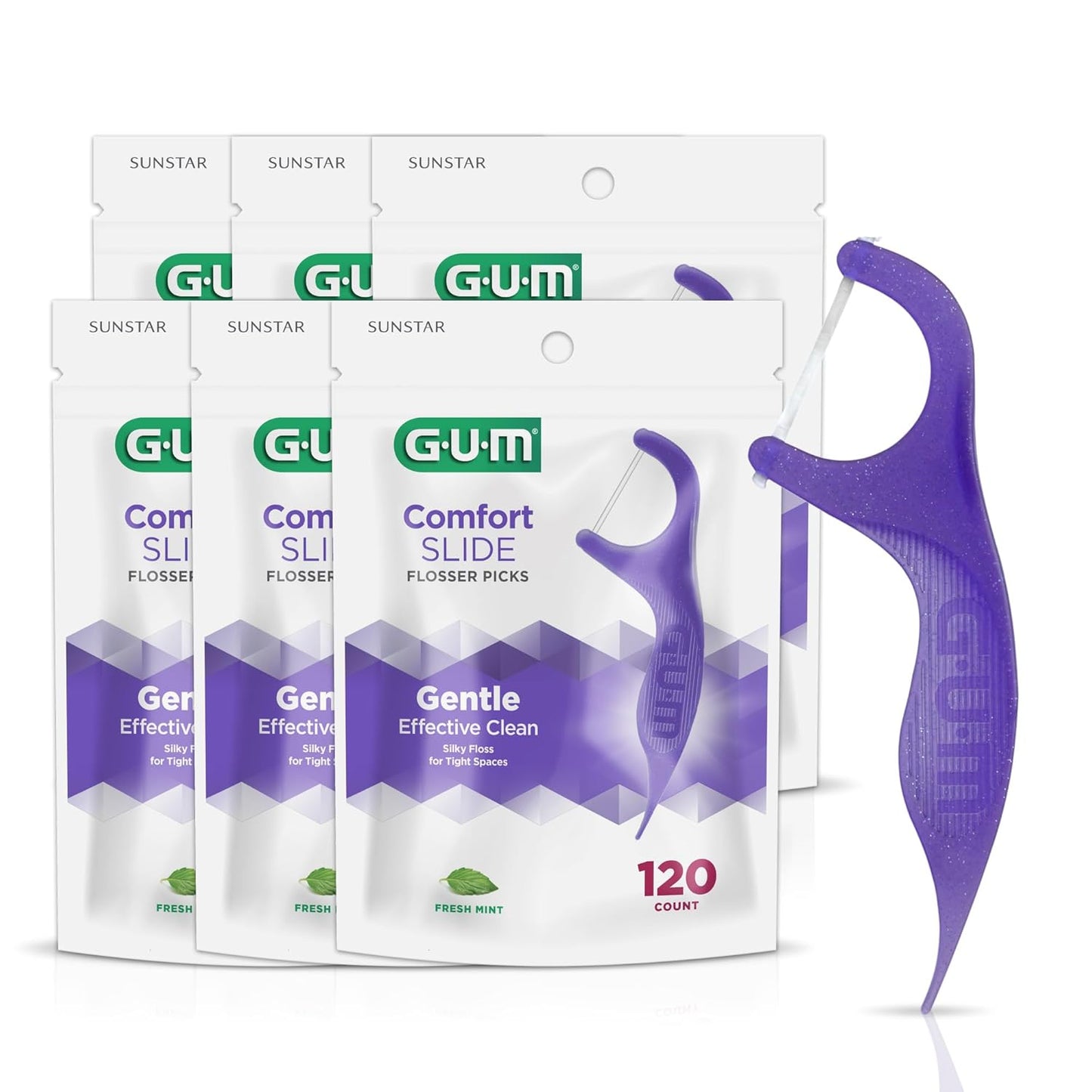 GUM Comfort Slide Floss Picks - Perfect for Tight Teeth - Extra Strong Shred-Resistant Dental Floss, Easy Grip Handle - Dental Flossers for Adults - Fresh Mint Flavor, 120 Count