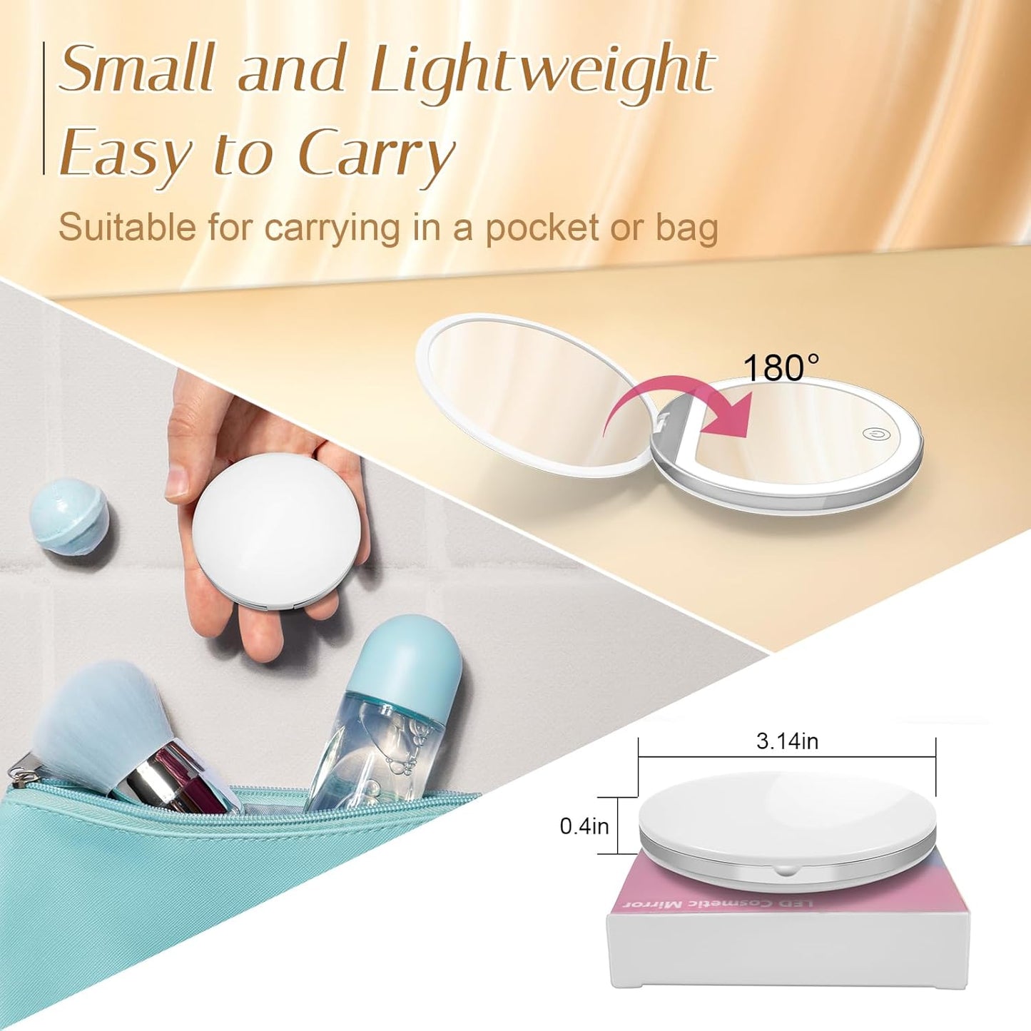 Compact Mirror with Light, 1X/3X Magnification LED Pocket Mirror with USB Data Cable,Mini Mirror for Purse, Pocket,Travel and Present (Pink)