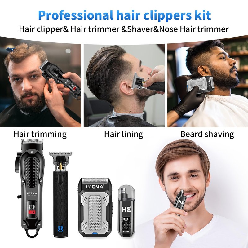 HIENA PRO Professional Cordless Hair Clippers for Men, T-Blade Beard Trimmer & Foil Shaver & Nose Hair Trimmer Set, Barber Clipper Hair Cutting Grooming Kit
