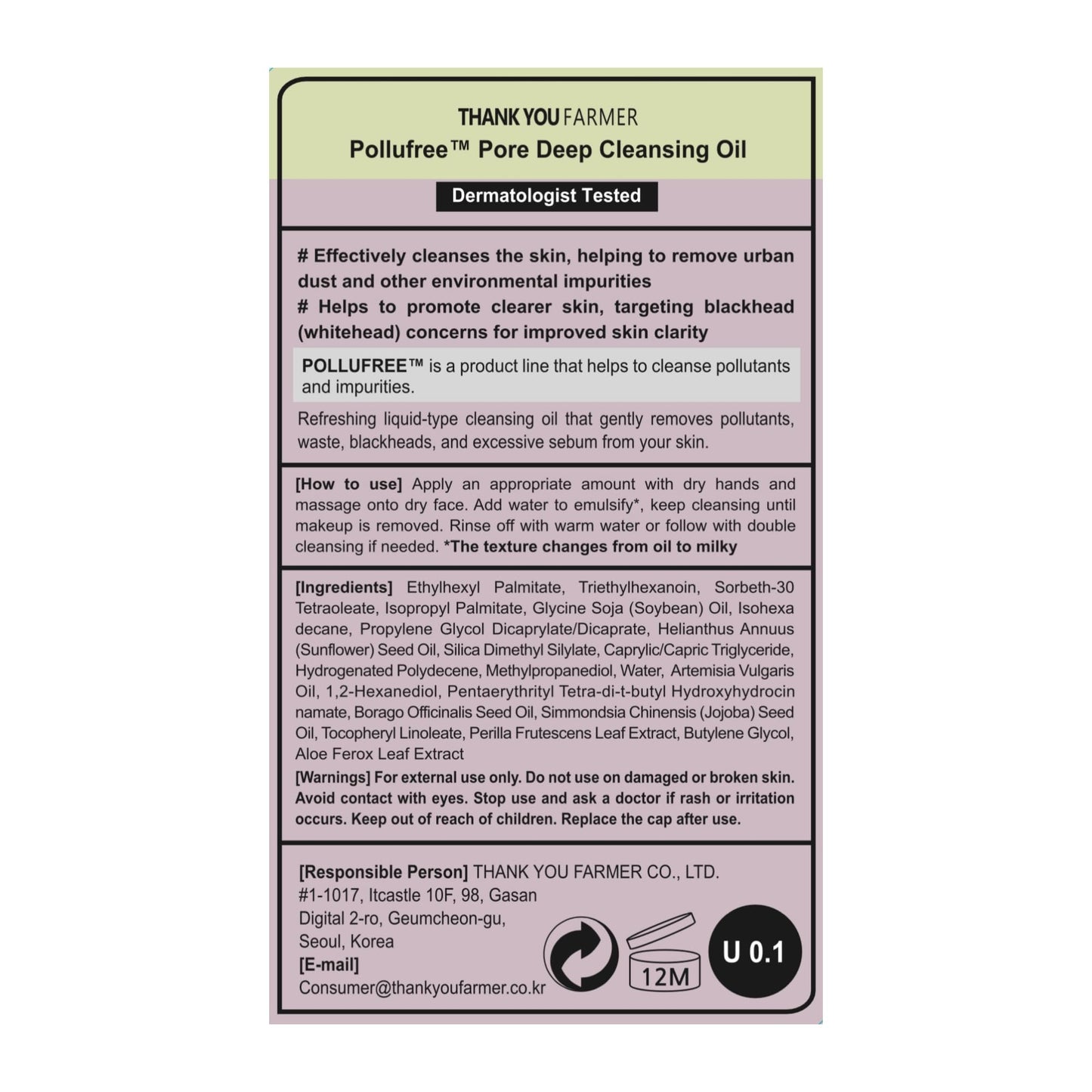 THANKYOU FARMER Pollufree Pore Deep Cleansing Oil - SPF Cleanser, Korean Perilla Herb, Makeup Blackhead Remover, Dermatologist Tested, Korean Oil Cleanser 7.03 fl.oz. 200ml