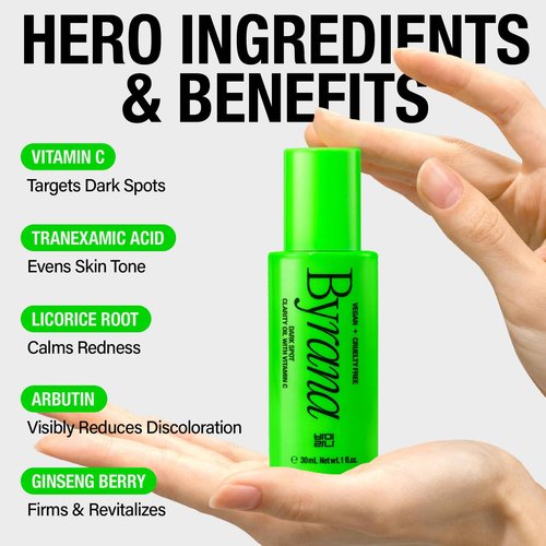 Dark Spot Clarity Oil Serum with Vitamin C for Uneven Tone & Post-Acne Marks – Korean Vegan Skincare with Ginseng Berry, Licorice Root, Arbutin & Tranexamic Acid by BYRANA – 1 oz