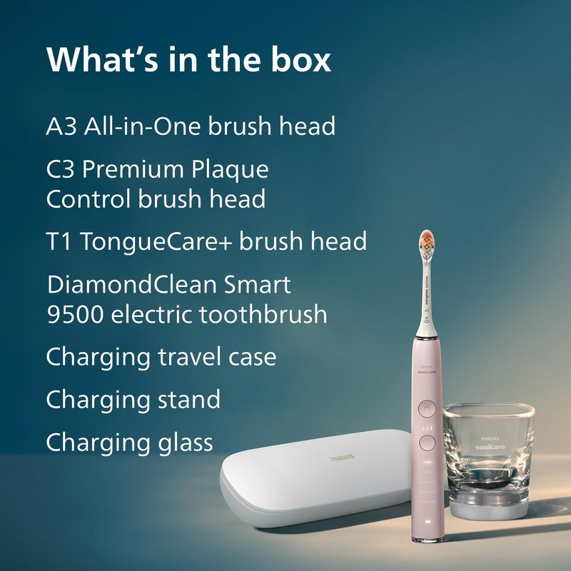 Philips Sonicare DiamondClean Smart 9500 Electric Toothbrush - Sonic Toothbrush with App, Pressure Sensor, 15 Brushing Settings, Replacement Reminder, USB Charging Travel Case, Pink, Model HX9923/21