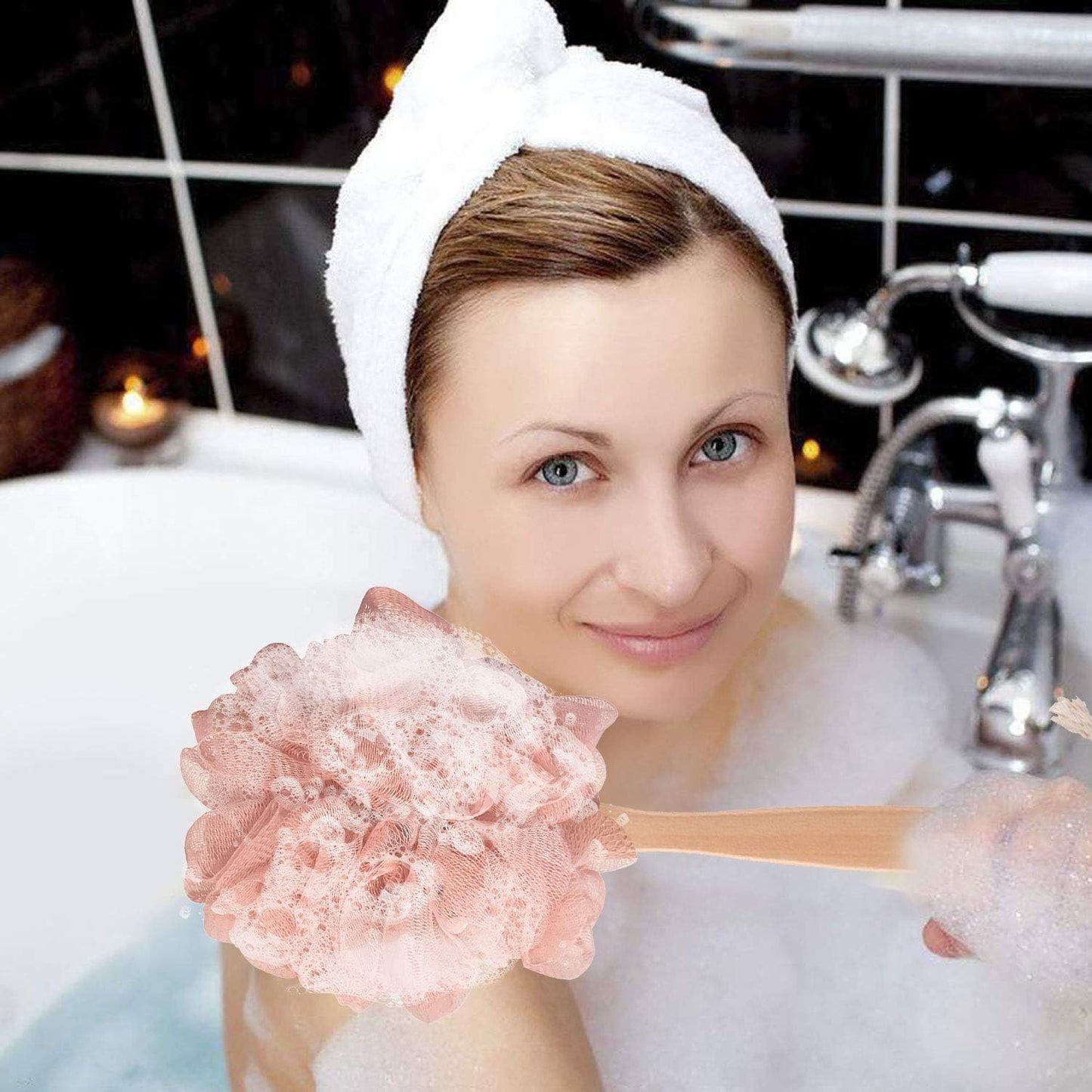 Loofah with Handle, Loofah on a Stick, Shower Sponge with Handle, Bath Brush, Shower Brush for Body, Back Scrubber for Shower, PE Soft Mesh Luffa for Men and Women