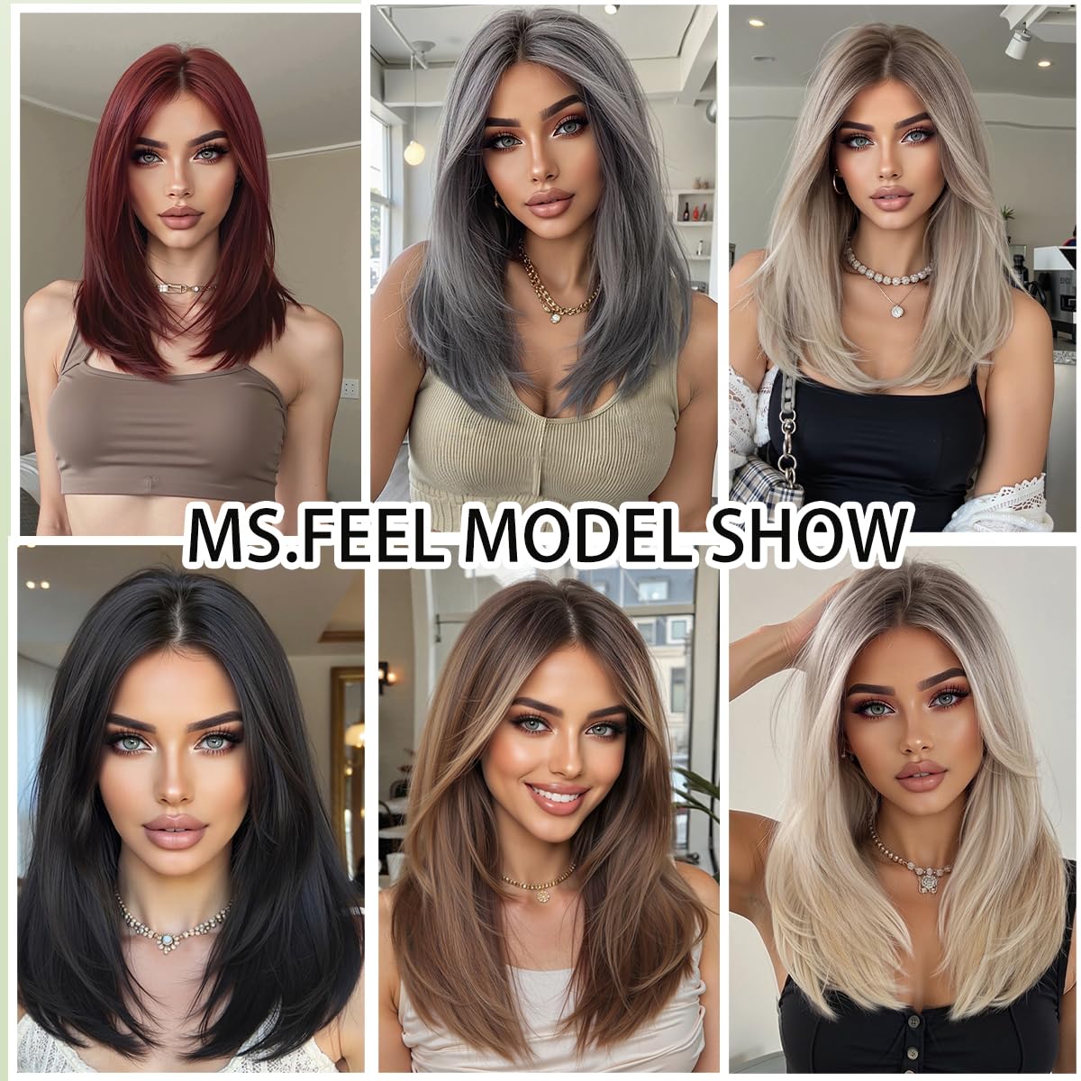 MS.FEEL Black Mixed Brown Wigs For Women Medium Length Layered Straight Wig Middle Part Glueless Synthetic Wigs for Daily Party Use 16 Inch
