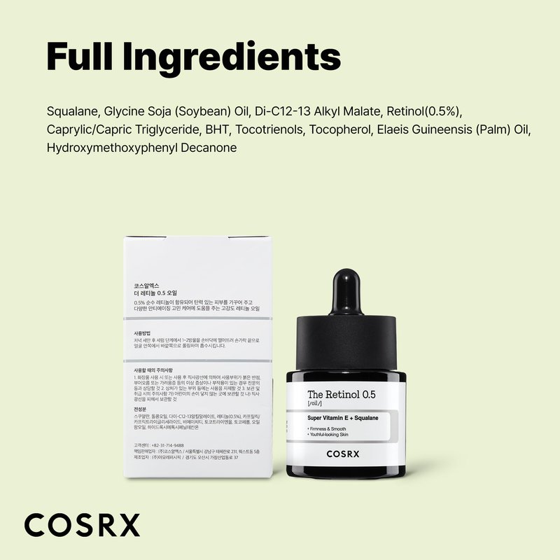 COSRX Retinol 0.5 Oil, Anti-aging Serum with 0.5% Retinoid Treatment for Face, Reduce Wrinkles, Fine Lines, Gentle Skincare for Day & Night, Not Tested on Animals, Korean Skin Care