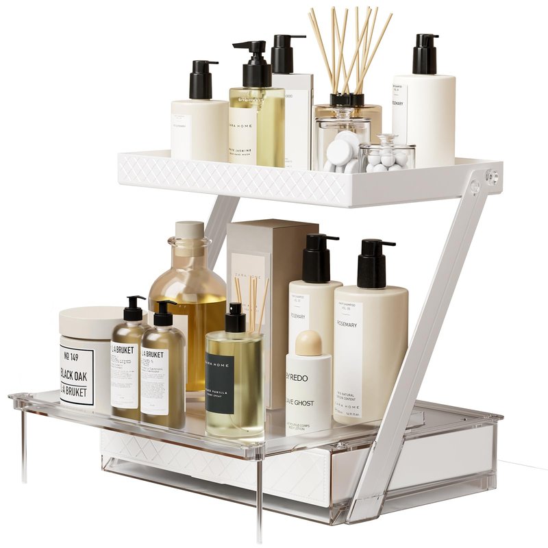 NEATORA 2 Tier Bathroom Countertop Organizer, Z-Shaped Vanity Organizer with Sliding Tray & Drawer, Skincare, Makeup & Perfume Storage Organizer, Acrylic office, Dresse & Desk Organizer