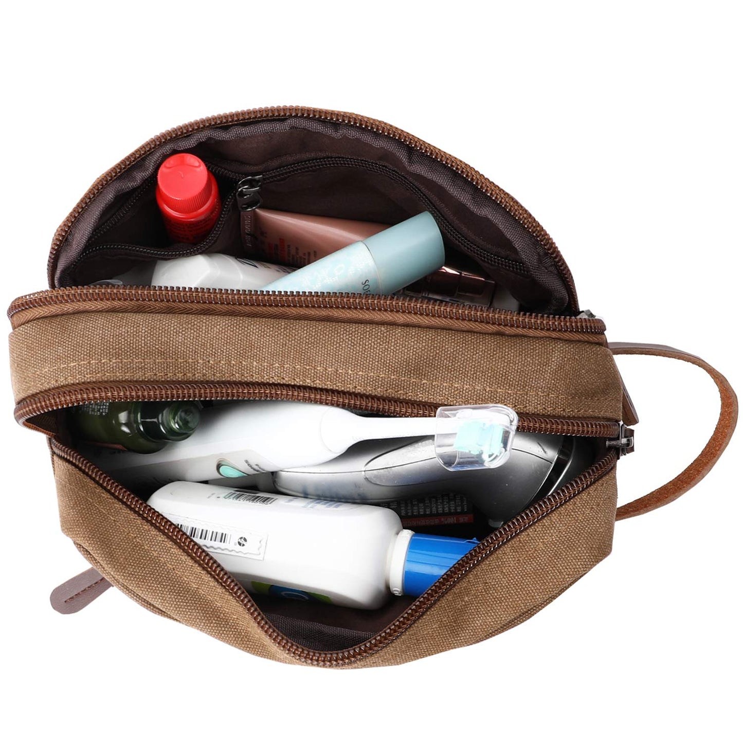Mactso Men's Toiletry Bag, Vintage Canvas Leather Travel Dopp Kit with 2 Compartments, Heavy Duty Zipper, 9.5x5.5x4 Inch Retro Shaving Makeup Organizer for Business Travel Gym Camping (Coffee)