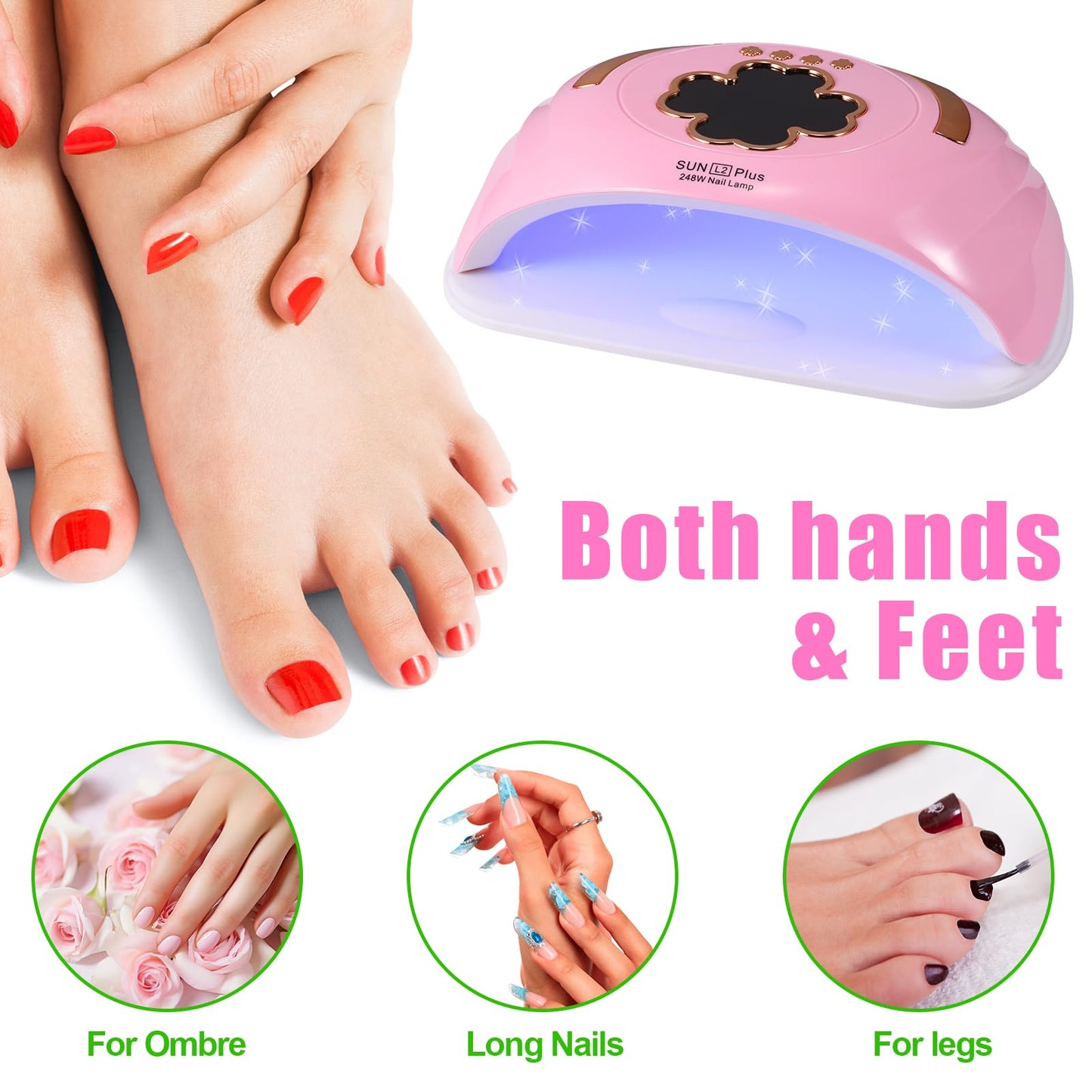 Riuotazi UV LED Nail Lamp for Two Hand, 248W Nail Dryer for Gel Polish, Large Space UV Light for Nails,45 Pcs Lamp Beads and Professional Manicure Phototherapy Lamp with Automatic Sensor(Pink)