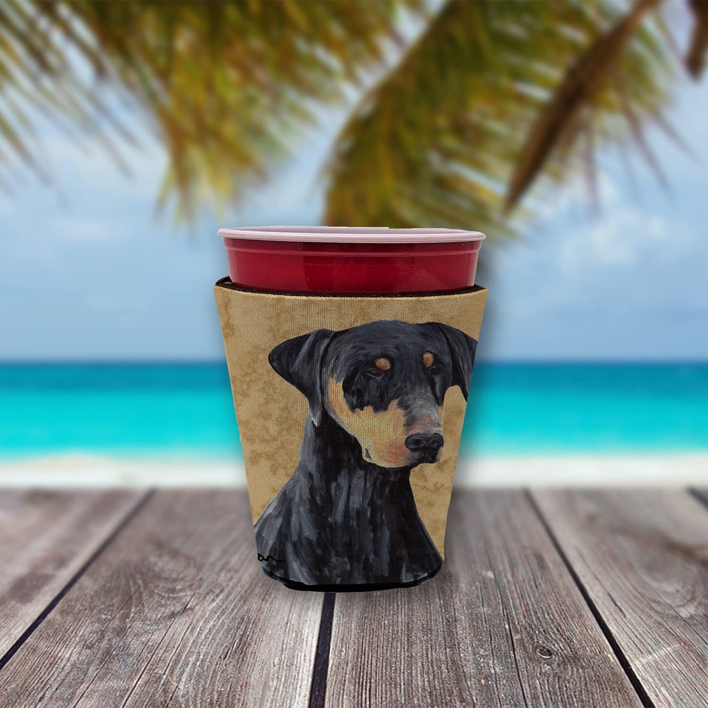 Caroline's Treasures SC9126RSC Doberman Red Cup Hugger Cup Cooler Sleeve Hugger Machine Washable Drink Sleeve Hugger Collapsible Insulator Beverage Insulated Holder