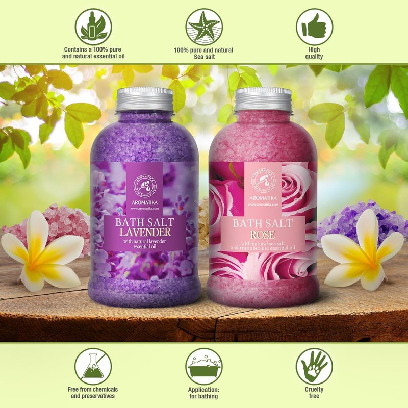 Bath Sea Salt Set - Lavender & Rose Essential Oils for Relaxation | 2 x 21.16 Oz