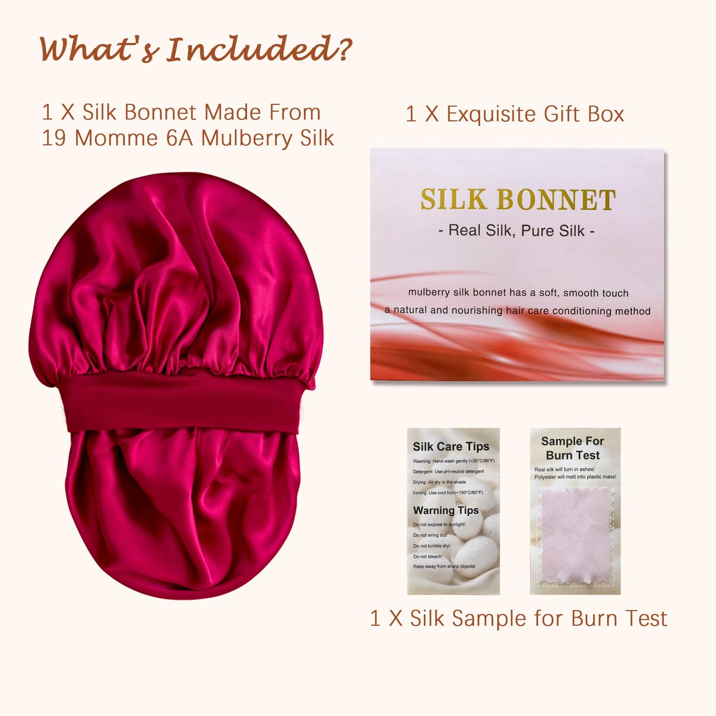 100% Mulberry Silk Bonnet for Sleeping Women, Real Pure Silk Hair Bonnets for Women Sleeping, Double Layer Sleep Cap with Soft Elastic Band for Curly Hair