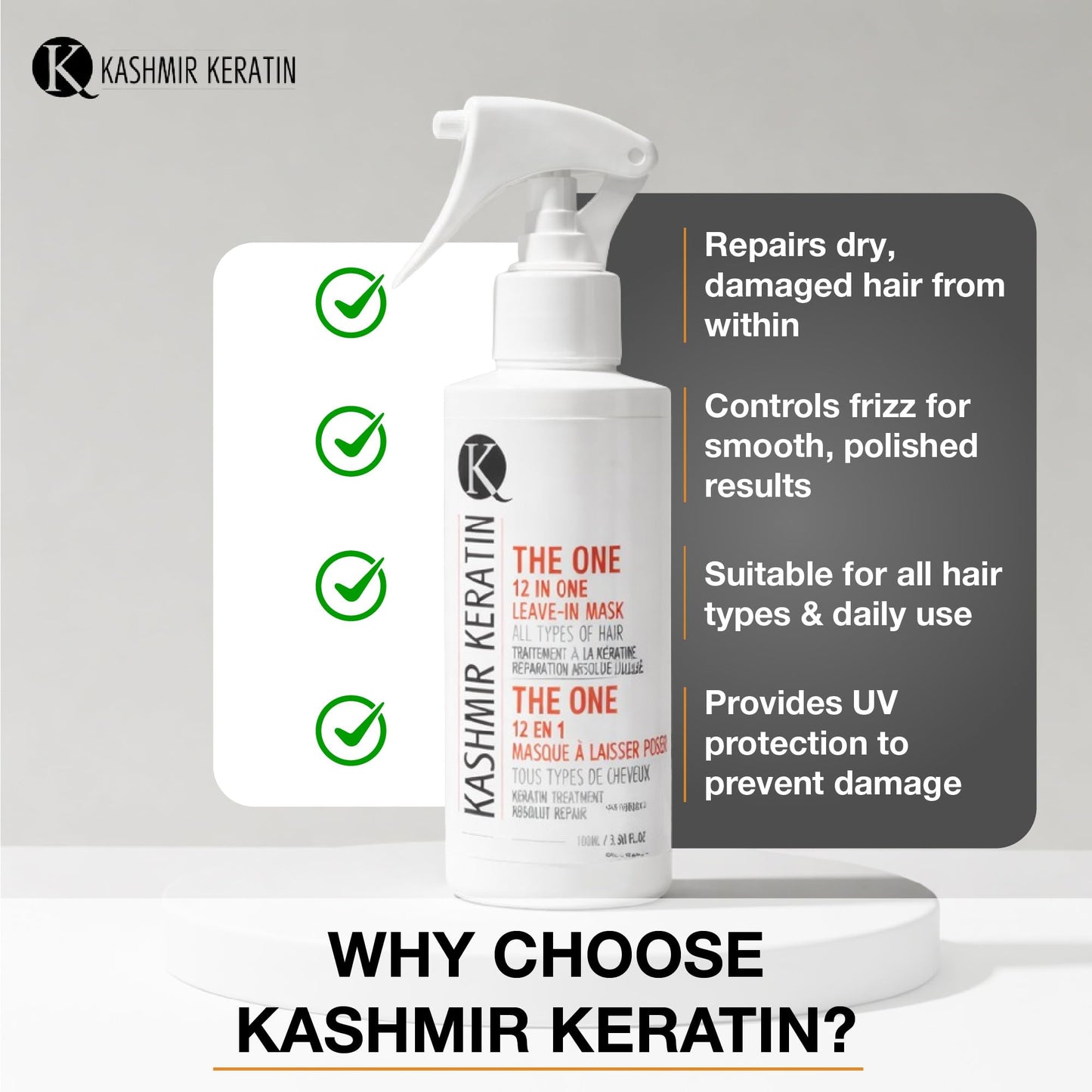 Kashmir Keratin THE ONE Leave In Conditioner 12-in-1 Hair Treatment Spray (3.38 Fl Oz) Detangles, Smooths Frizz,Adds Shine & Hydration for Dry Damaged Hair, Lightweight Keratin Care for All Hair Types